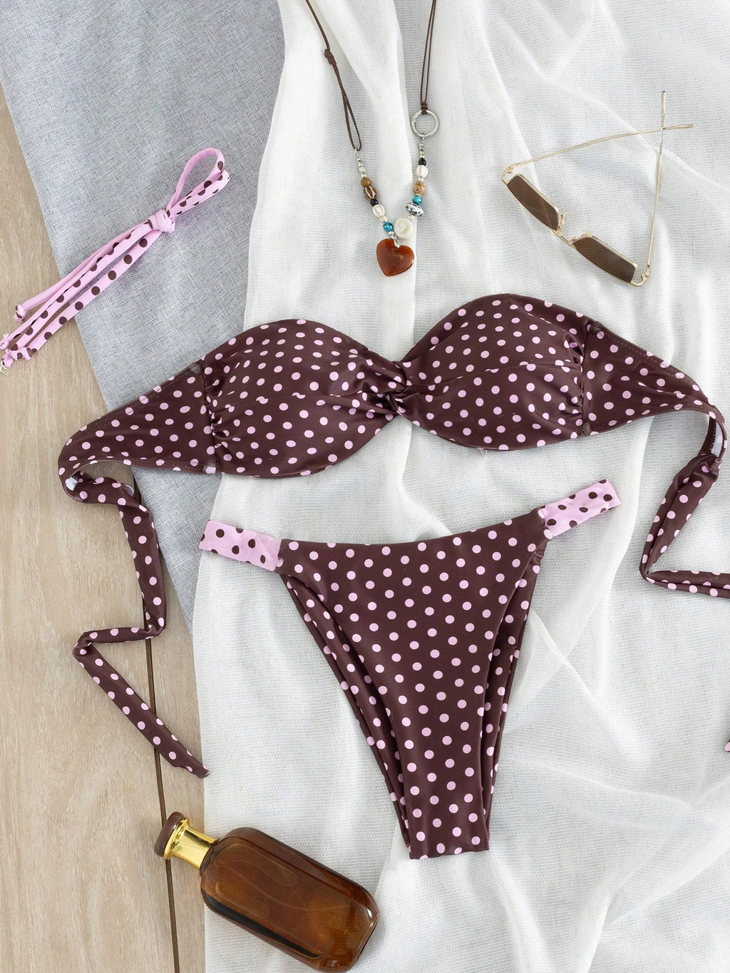 Women's Polka Dot Bandeau Bikini Set, Fashionable And Comfortable