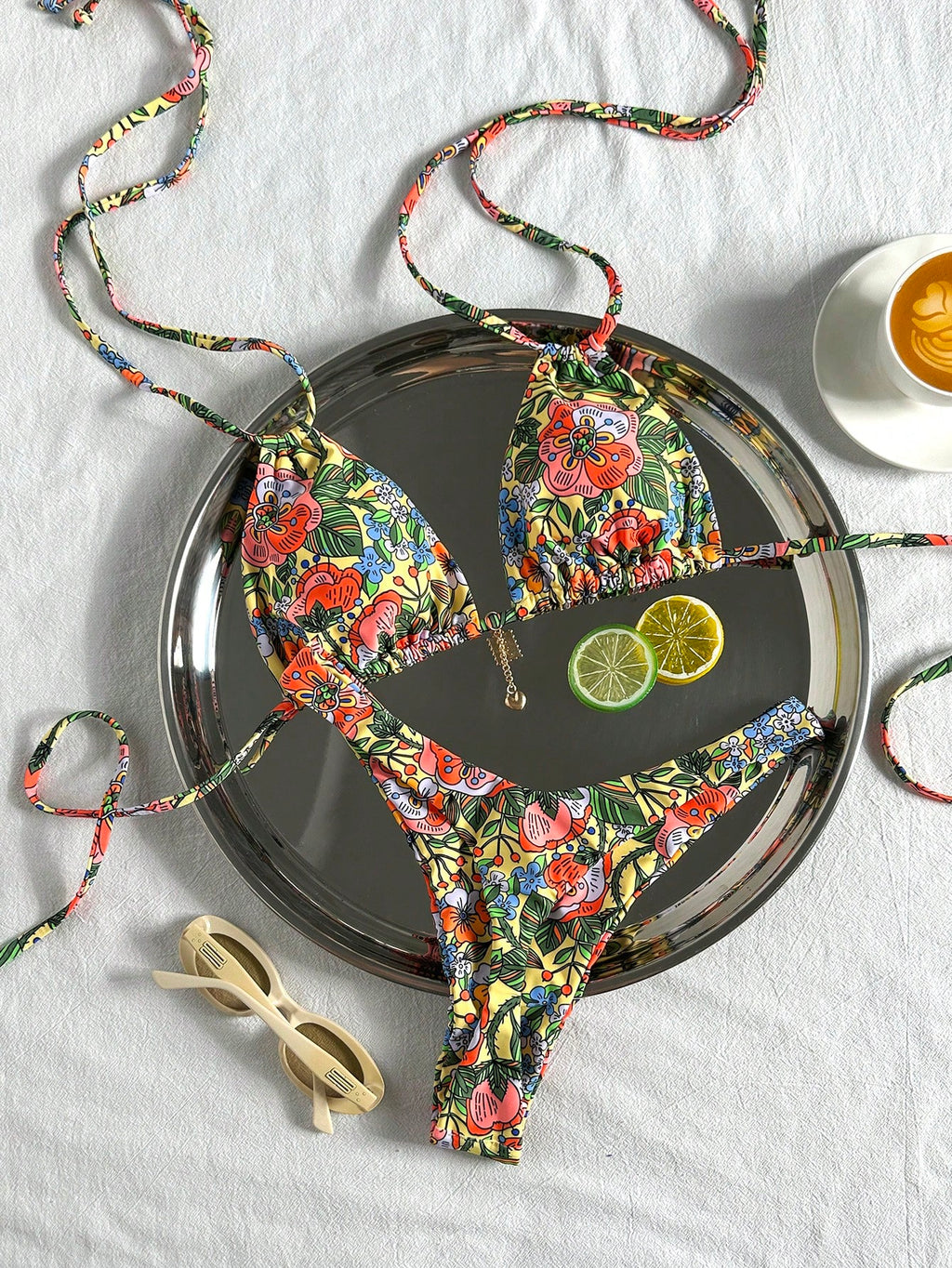 Swim Basics Women Summer Random Floral Print Halter Metal Decor Sexy Bikini Set - image 12