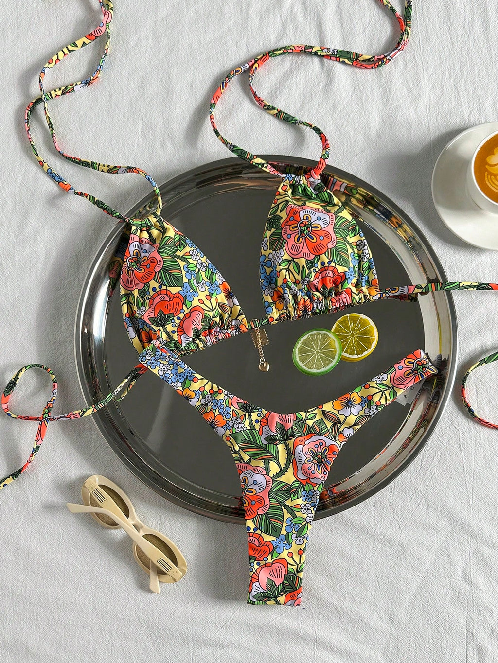 Swim Basics Women Summer Random Floral Print Halter Metal Decor Sexy Bikini Set - image 13