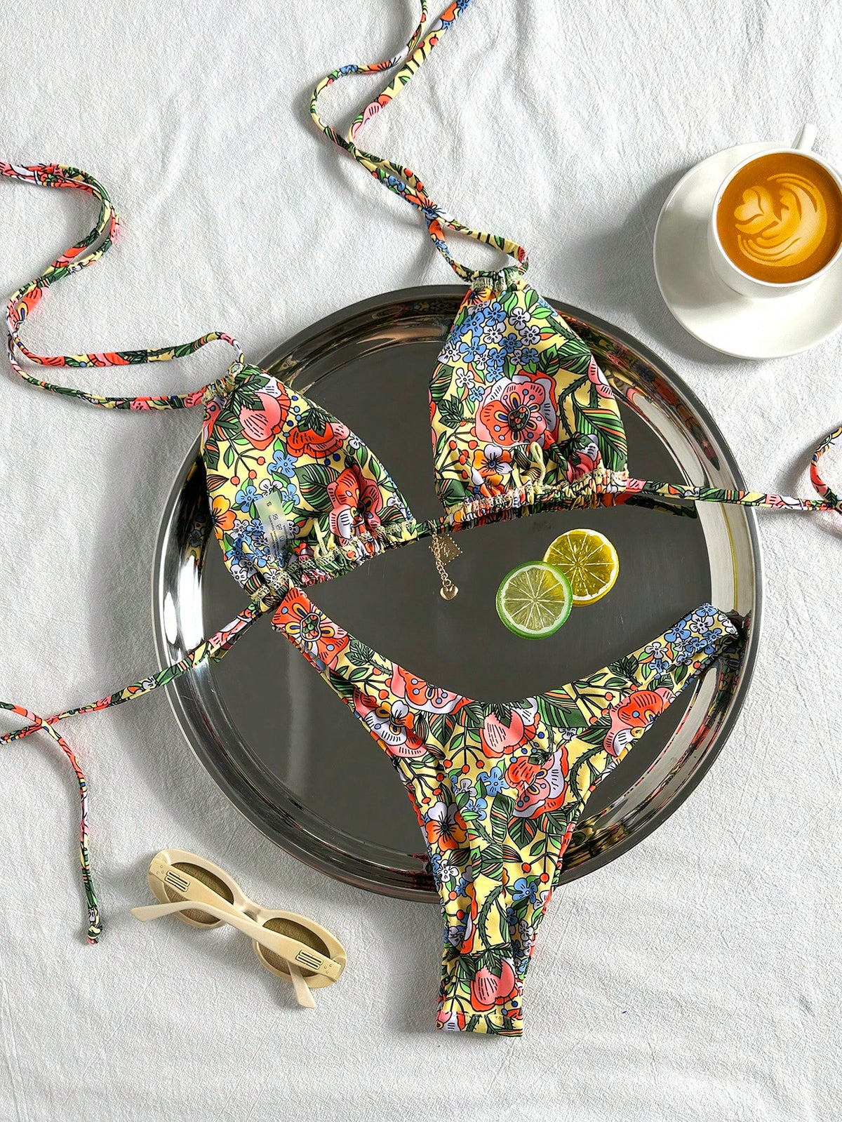 Swim Basics Women Summer Random Floral Print Halter Metal Decor Sexy Bikini Set - image 14