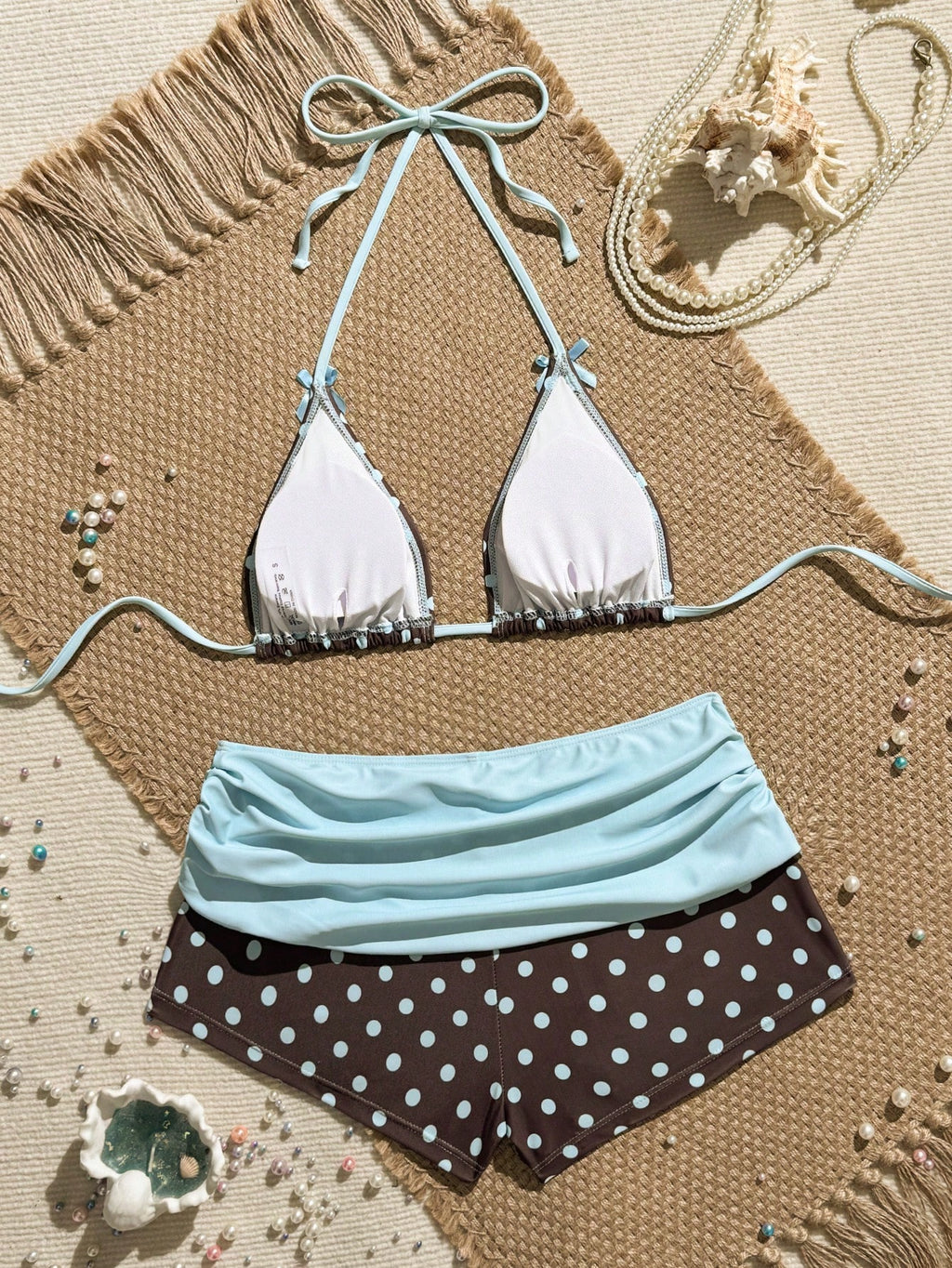Swim Mod Women's Brown Polka Dot Print Pink Bow Halter Triangle Top
