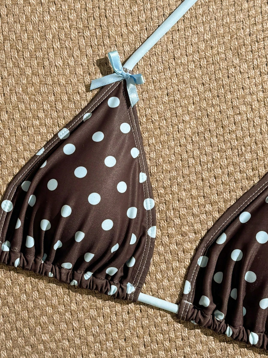 Swim Mod Women's Brown Polka Dot Print Pink Bow Halter Triangle Top