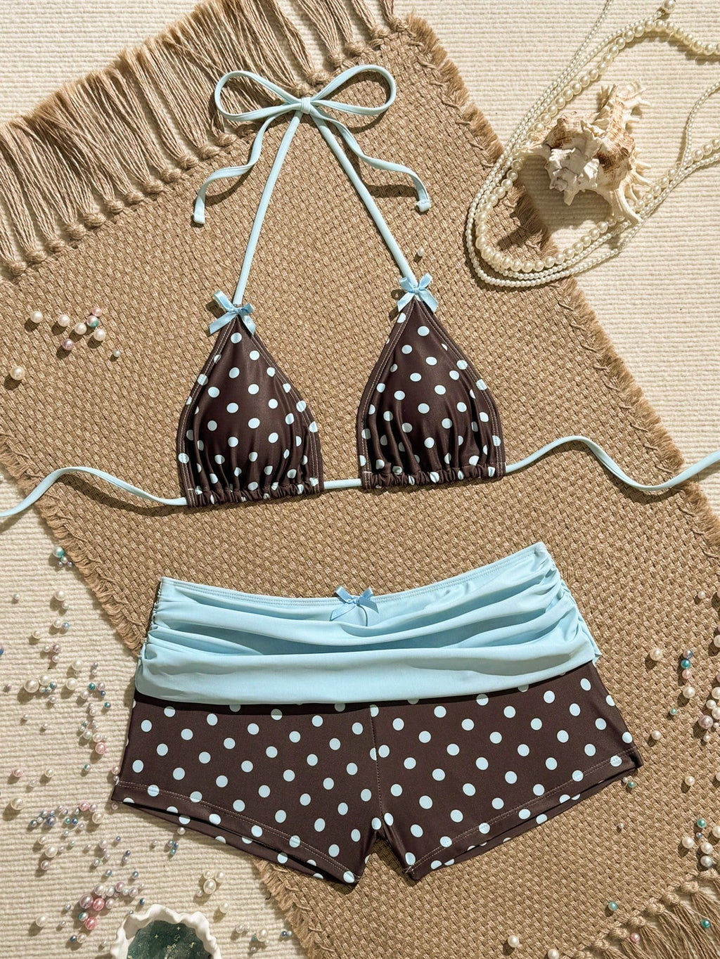 Swim Mod Women's Brown Polka Dot Print Pink Bow Halter Triangle Top