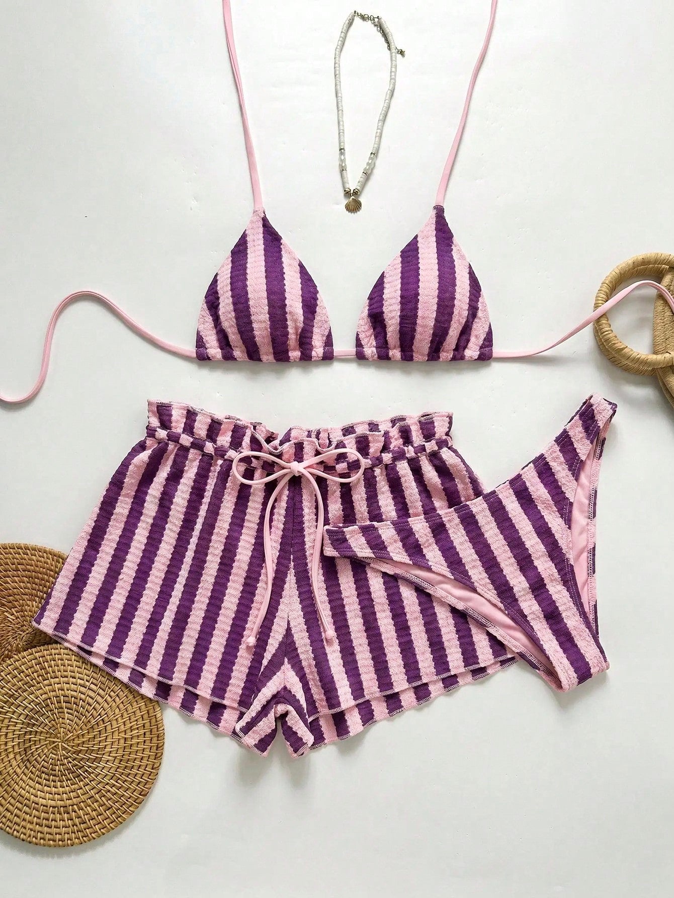 Swim Chiccia Women's Black And White Striped 3 Pieces Beach Set,