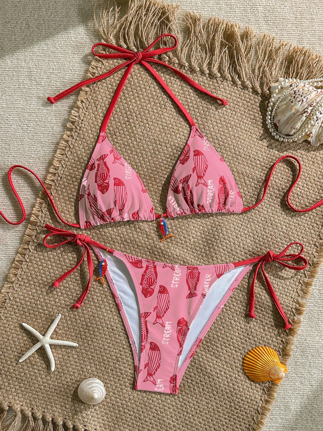 Swim Mod 2pcs Women's Swimwear Set, Random Fish & Letter Print Padded