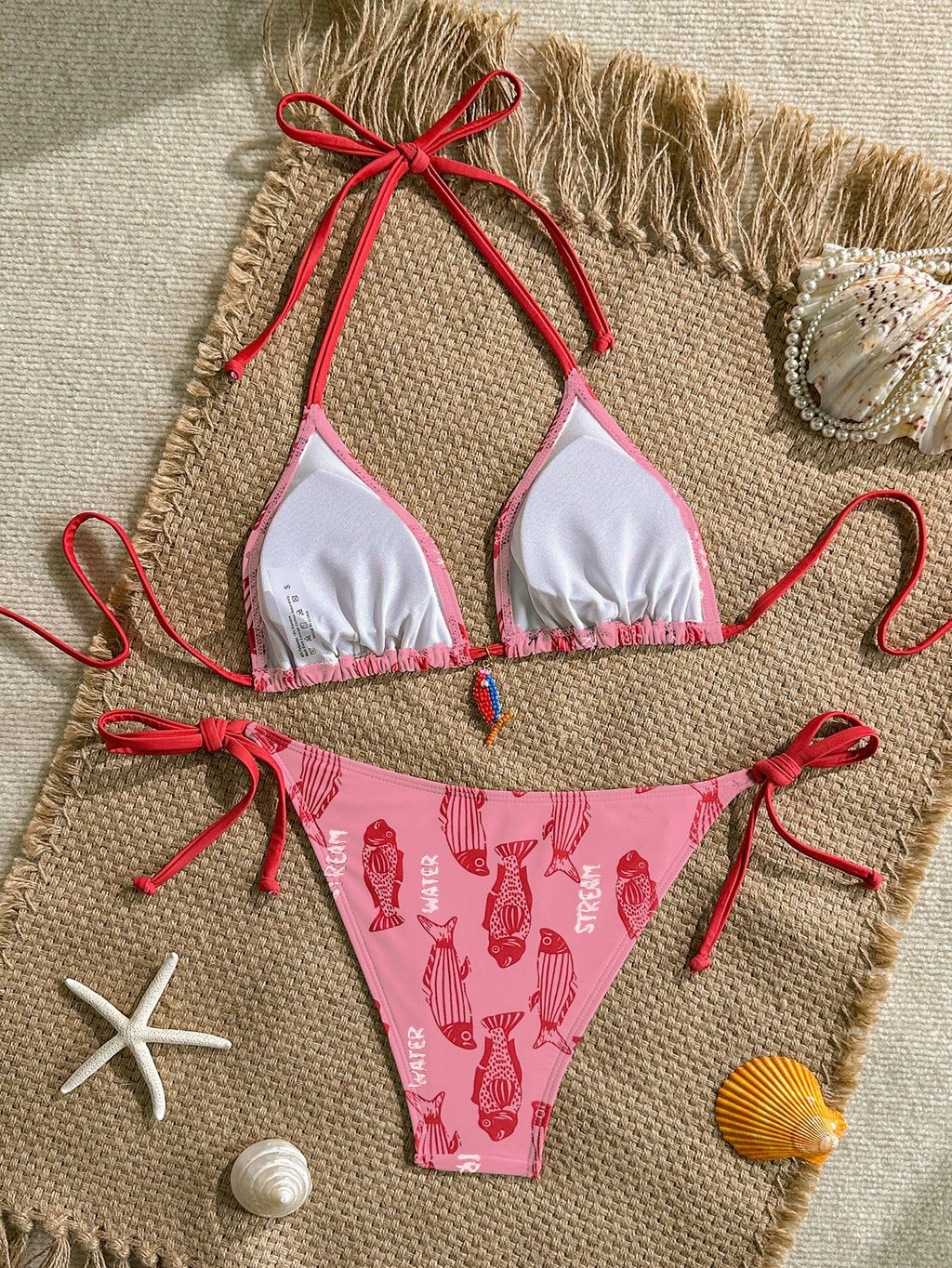 Swim Mod 2pcs Women's Swimwear Set, Random Fish & Letter Print Padded