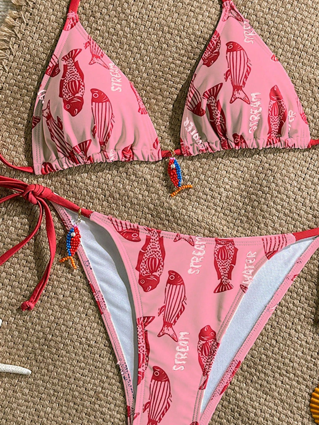 Swim Mod 2pcs Women's Swimwear Set, Random Fish & Letter Print Padded