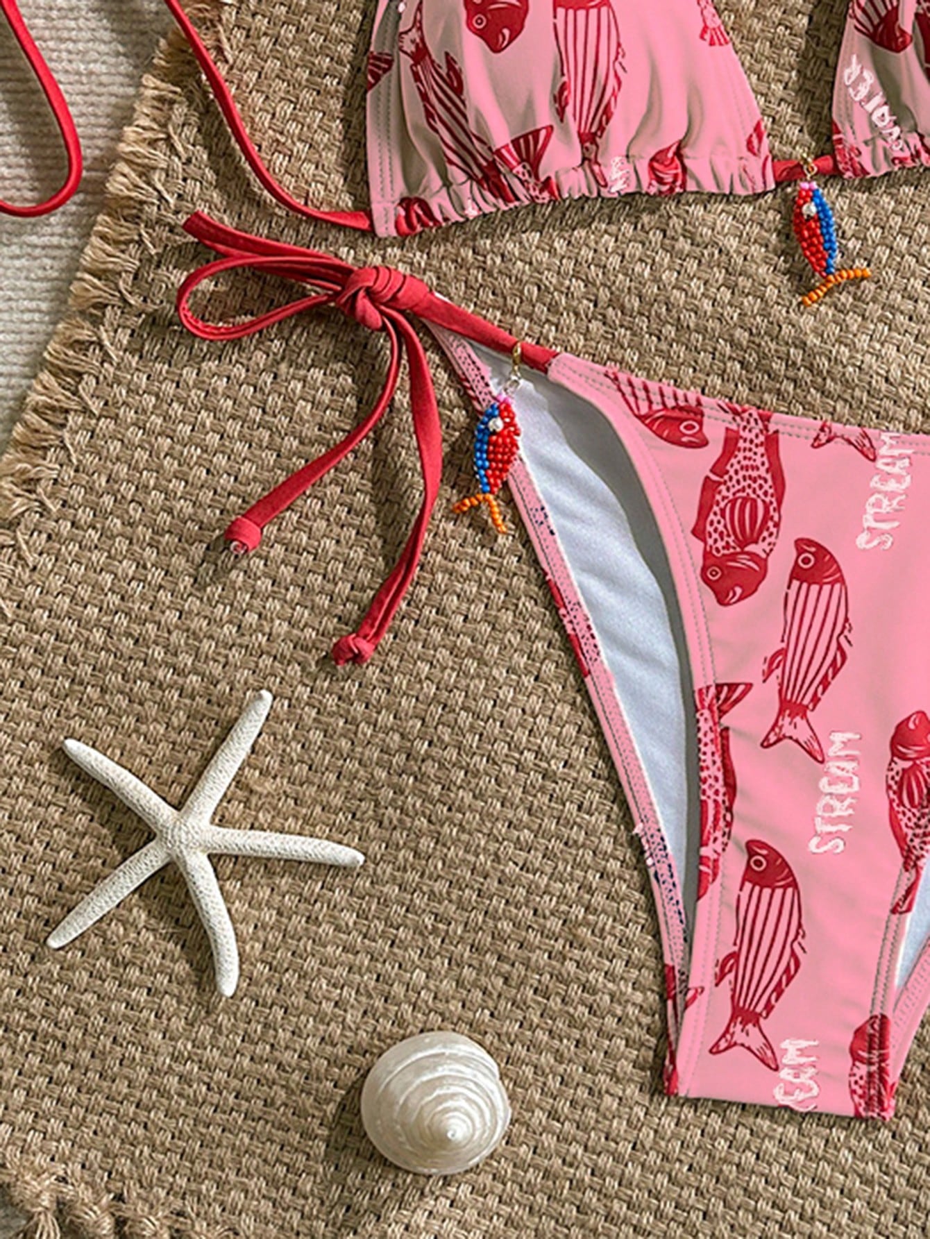 Swim Mod 2pcs Women's Swimwear Set, Random Fish & Letter Print Padded