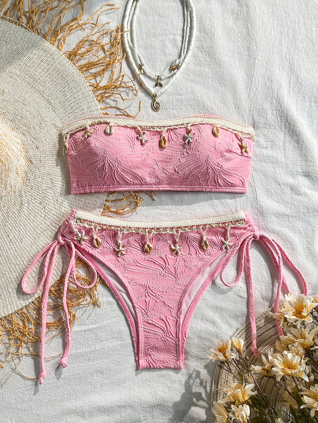 Swim Mod Women's Embroidered Tassel Patchwork Starfish & Shell Decor
