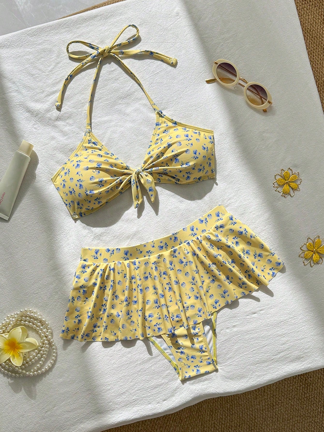 Swim Mod Summer Beach Floral Print Front Knot & Ruffle Trimmed Bikini Set - image 5
