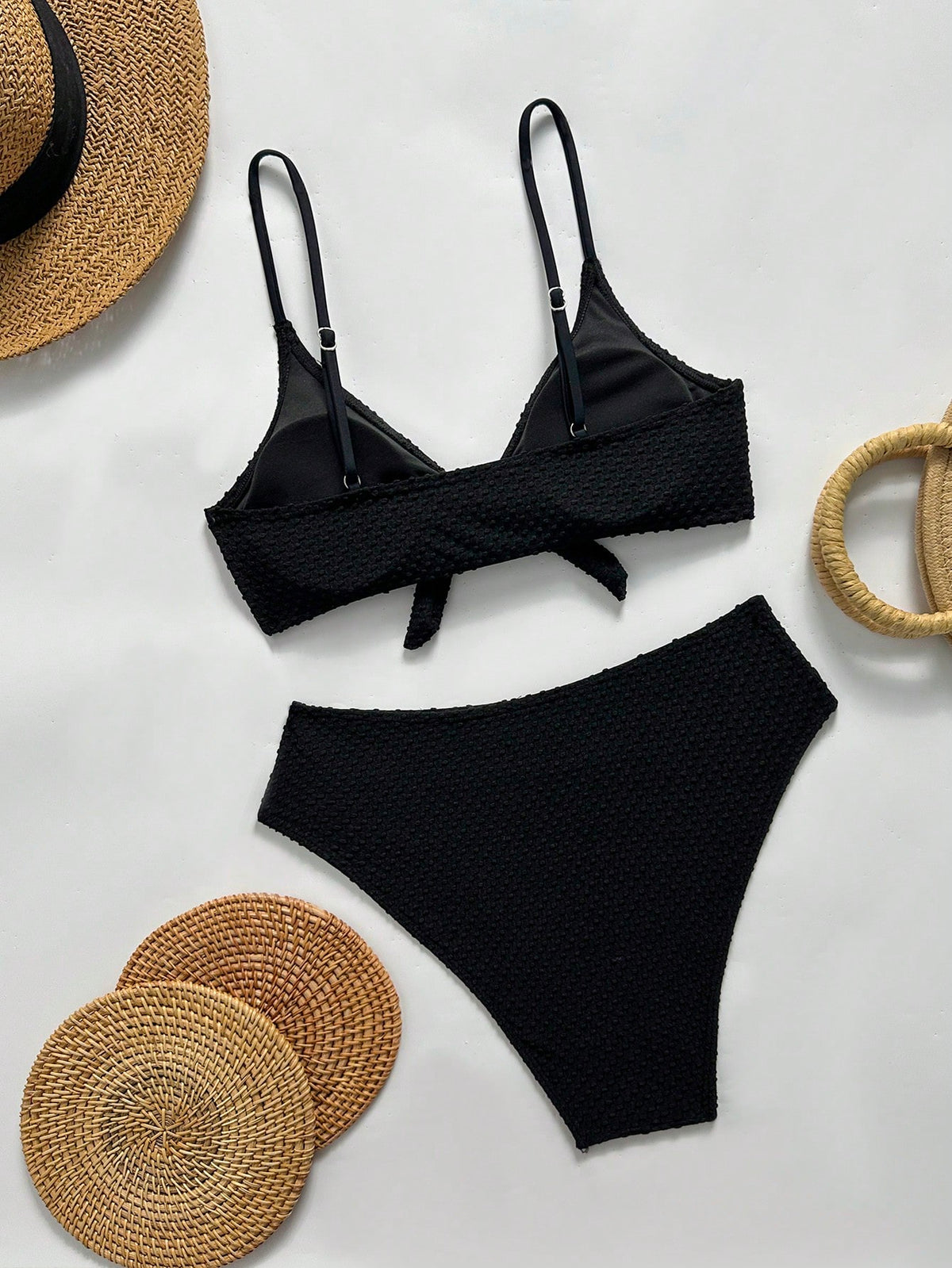 Bonvoyette Women's Summer Black Special Fabric Spaghetti Strap Sexy Beach Holiday Bikini Swimsuit 2-Piece Set - image 2