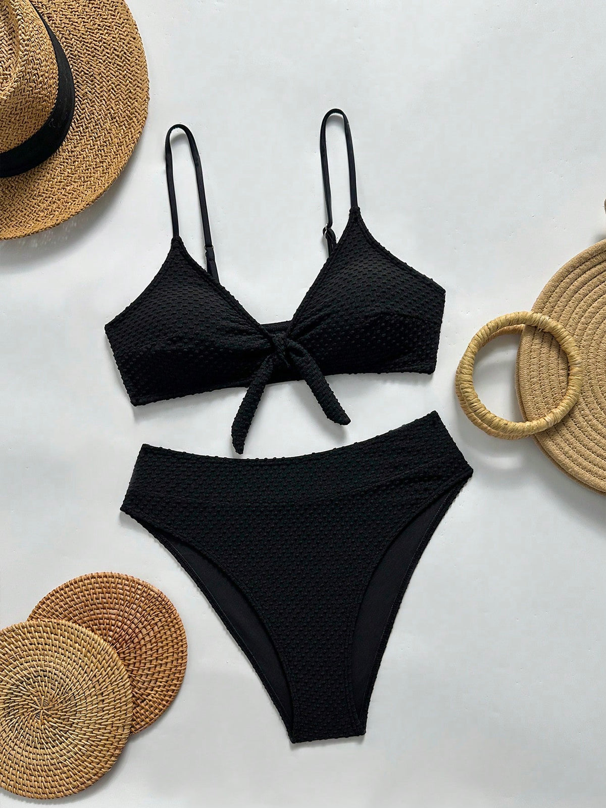 Bonvoyette Women's Summer Black Special Fabric Spaghetti Strap Sexy Beach Holiday Bikini Swimsuit 2-Piece Set - image 4