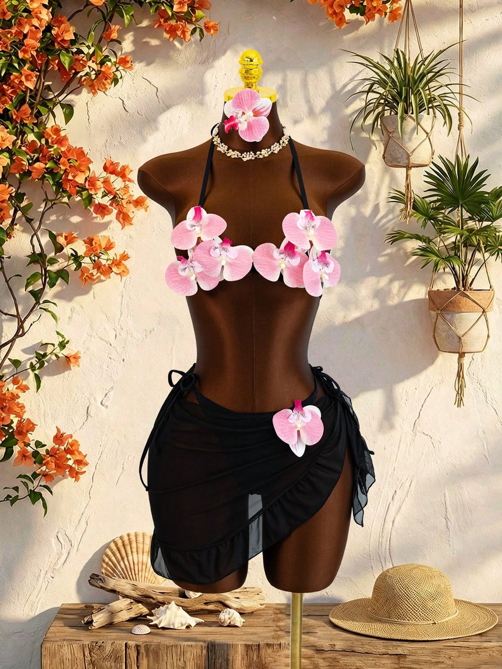 Swim SXY New Fashionable 3pcs/Set 3D Orchid Halter Bikini Top, Tie-Up Triangle B