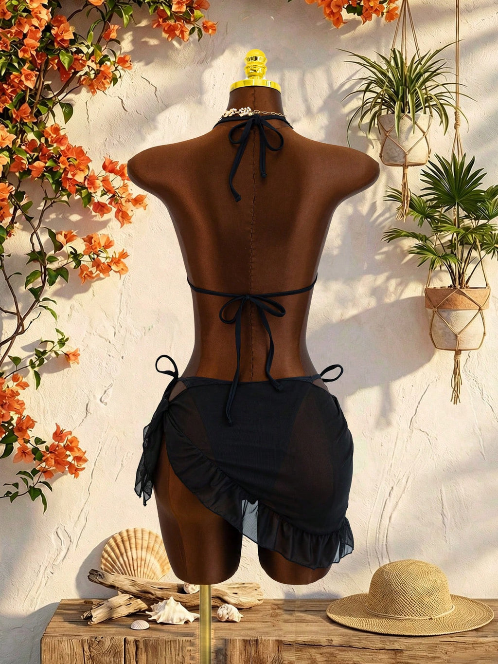 Swim SXY New Fashionable 3pcs/Set 3D Orchid Halter Bikini Top, Tie-Up Triangle B