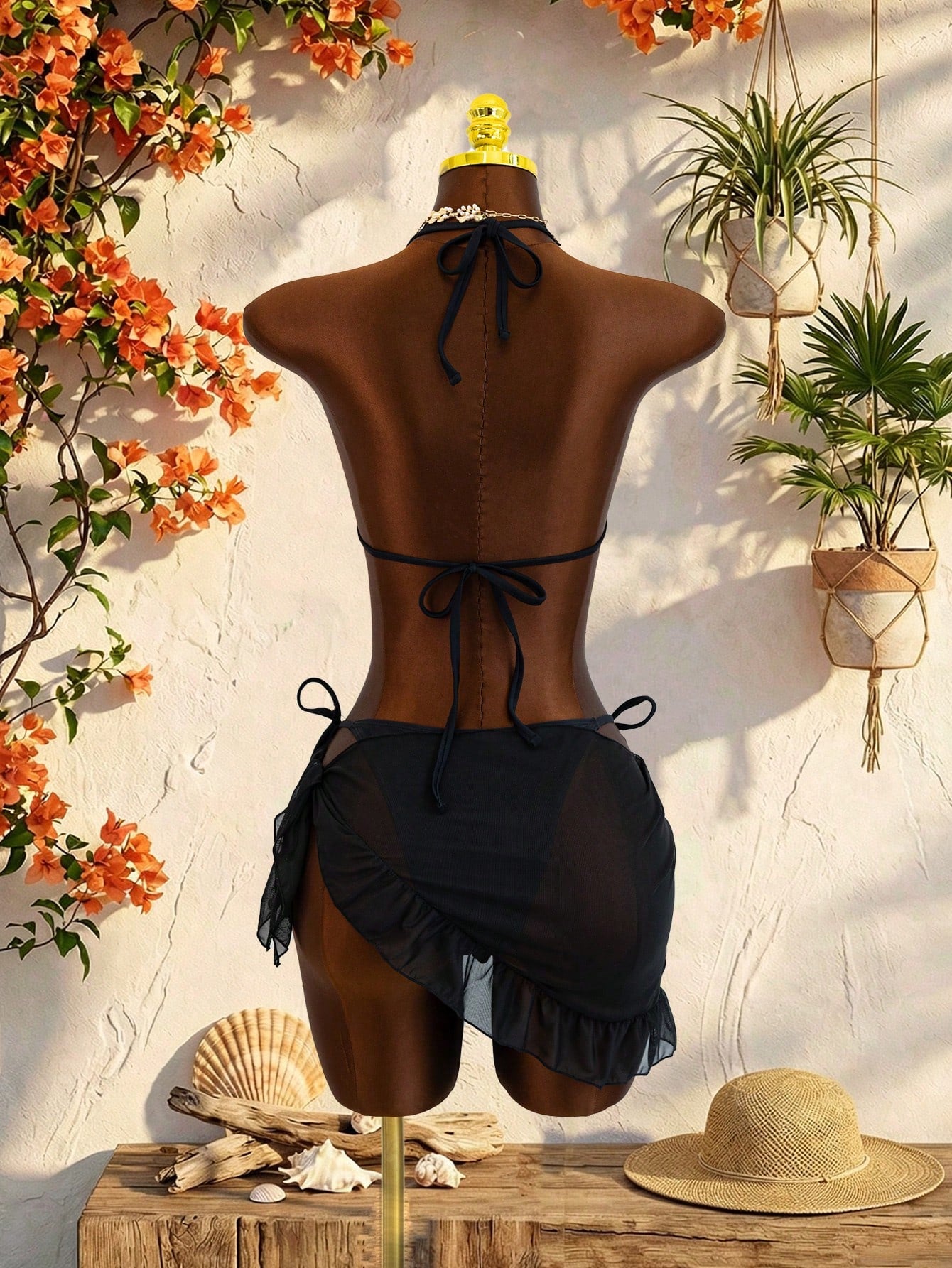 Swim SXY New Fashionable 3pcs/Set 3D Orchid Halter Bikini Top, Tie-Up Triangle B