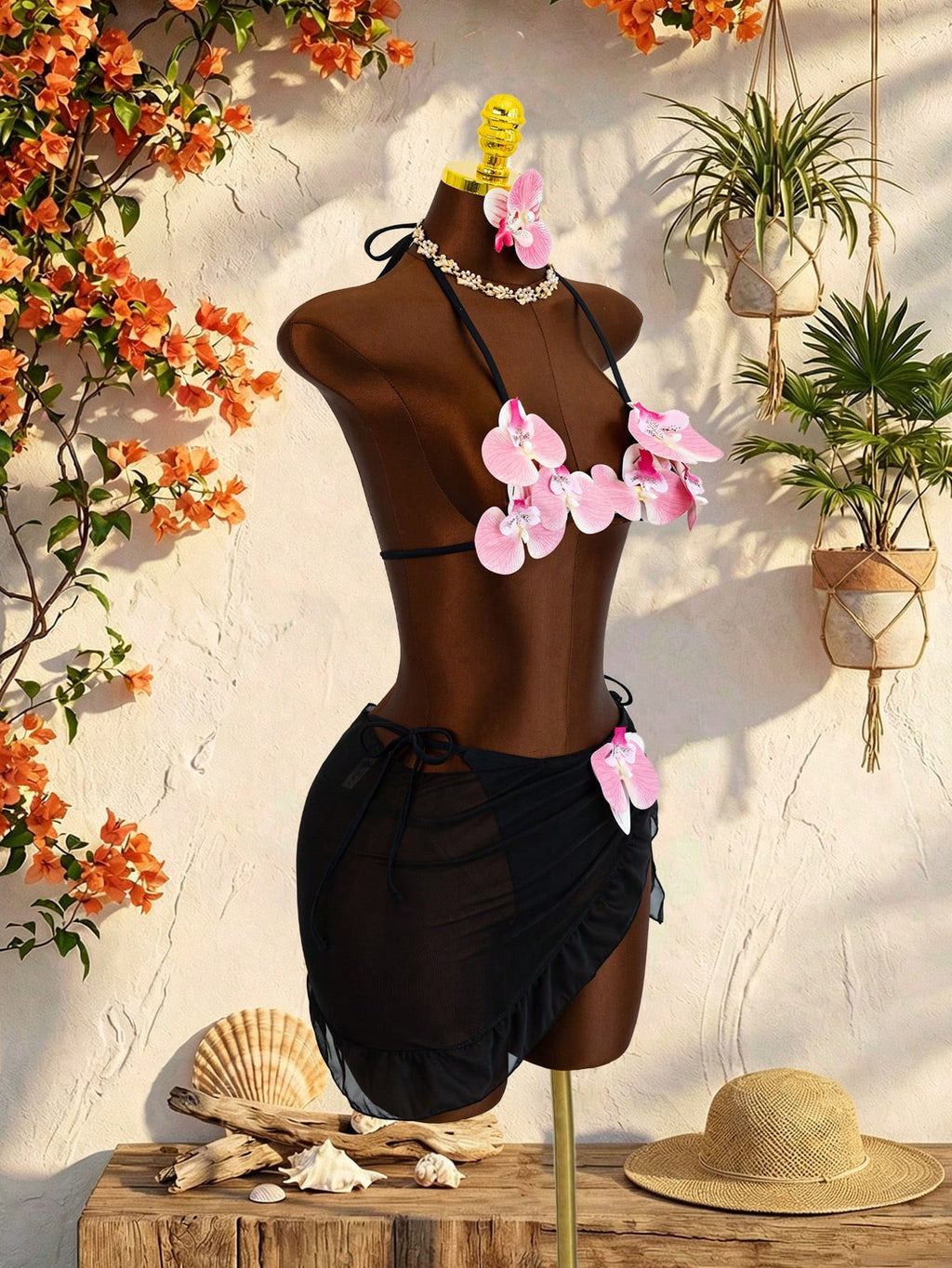 Swim SXY New Fashionable 3pcs/Set 3D Orchid Halter Bikini Top, Tie-Up Triangle B