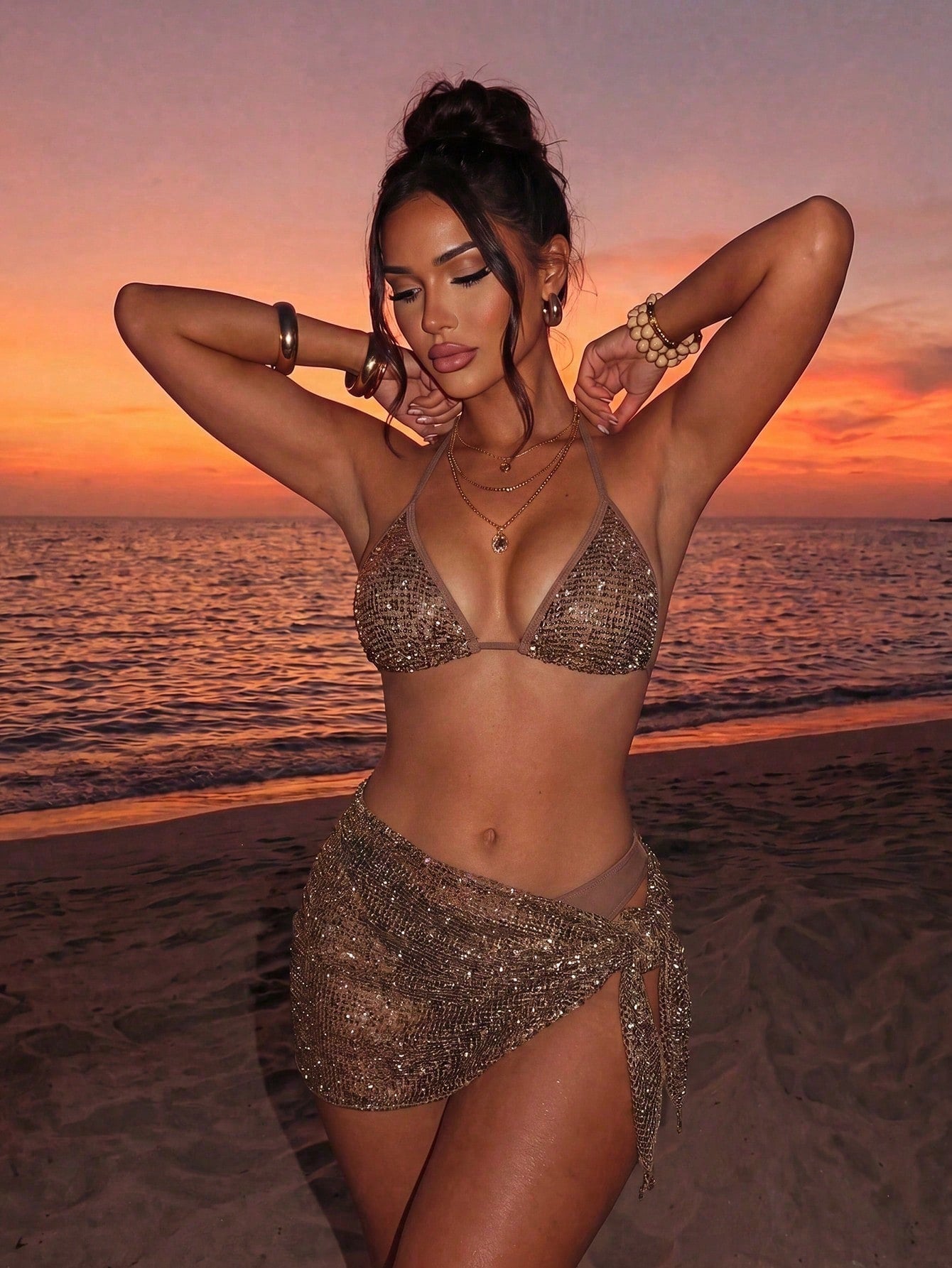 Swim SXY Women's 3-Piece Sequin Bikini Set With Cover Up,Glitter Net