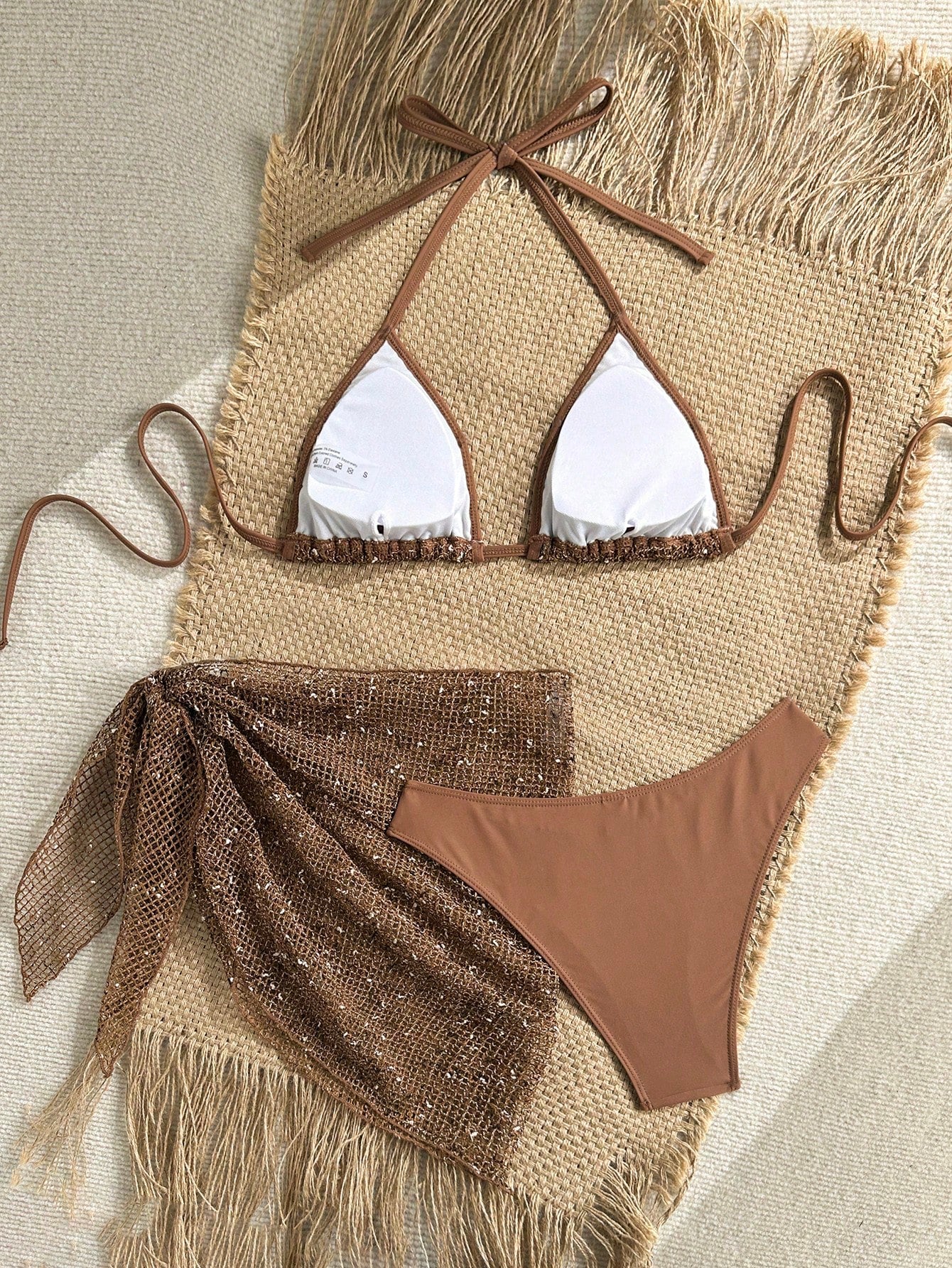 Swim SXY Women's 3-Piece Sequin Bikini Set With Cover Up,Glitter Net