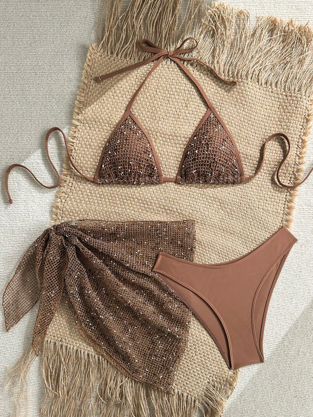 Swim SXY Women's 3-Piece Sequin Bikini Set With Cover Up,Glitter Net