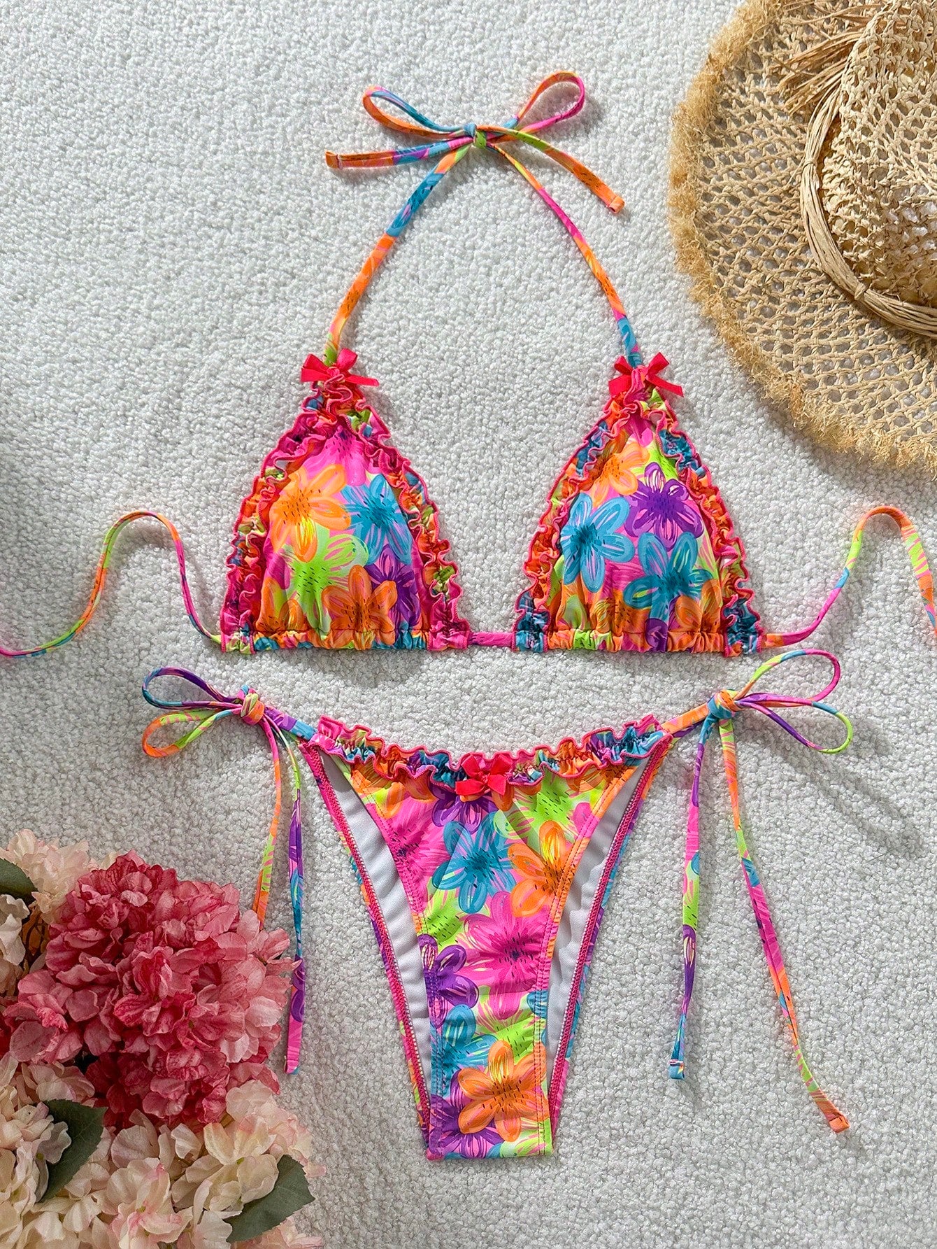 Swim Mod 2pcs Spring/Summer Beach Vacation Colorful Floral Random Print Bow Accessory Halter Triangle Cup Bra - image 3