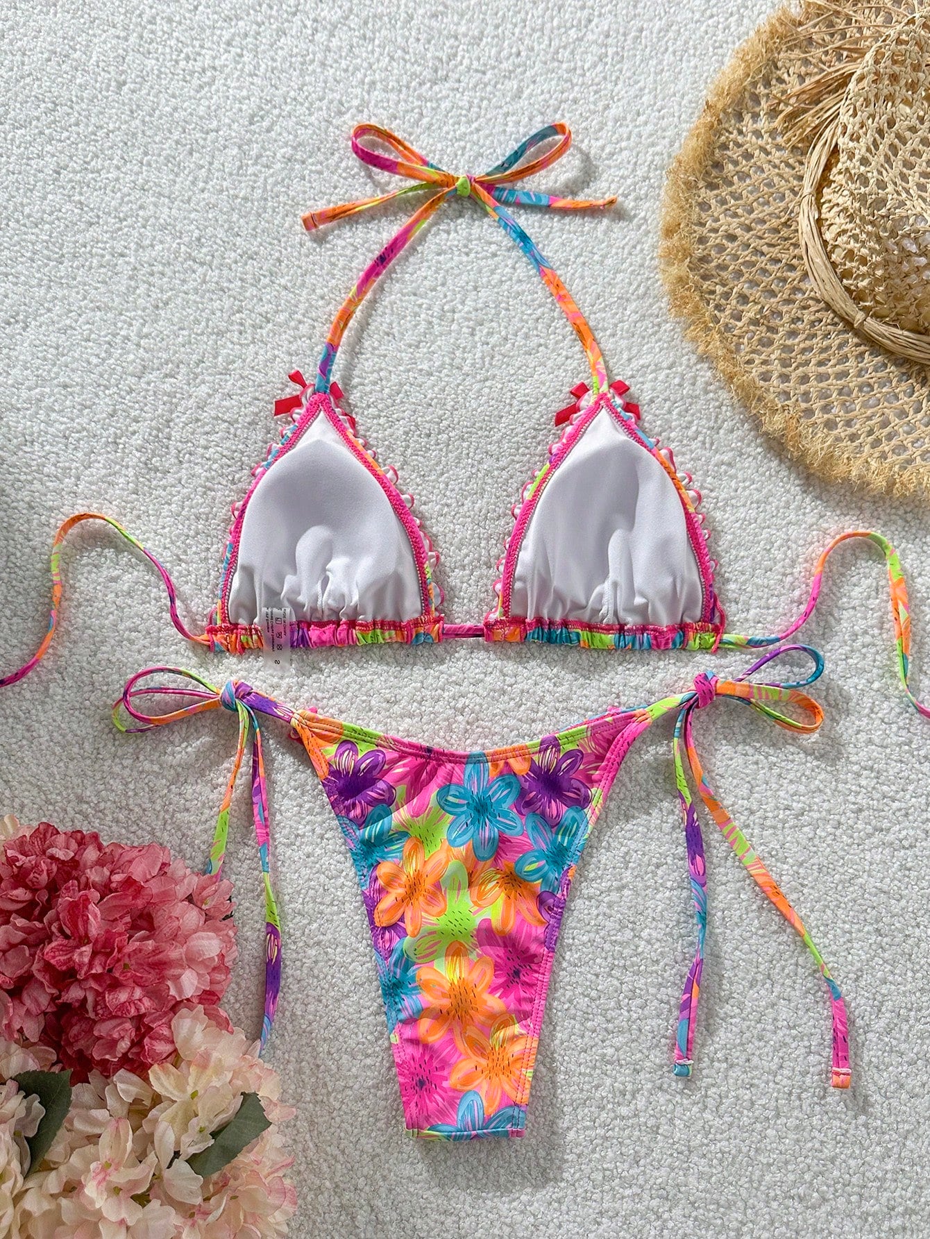 Swim Mod 2pcs Spring/Summer Beach Vacation Colorful Floral Random Print Bow Accessory Halter Triangle Cup Bra - image 2