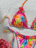 Swim Mod 2pcs Spring/Summer Beach Vacation Colorful Floral Random Print Bow Accessory Halter Triangle Cup Bra