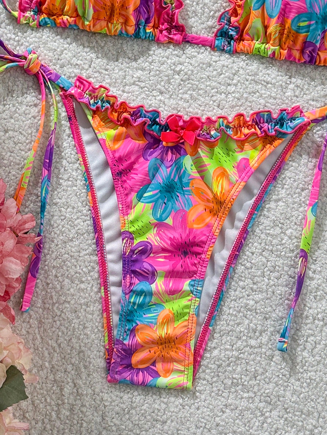Swim Mod 2pcs Spring/Summer Beach Vacation Colorful Floral Random Print Bow Accessory Halter Triangle Cup Bra - image 5