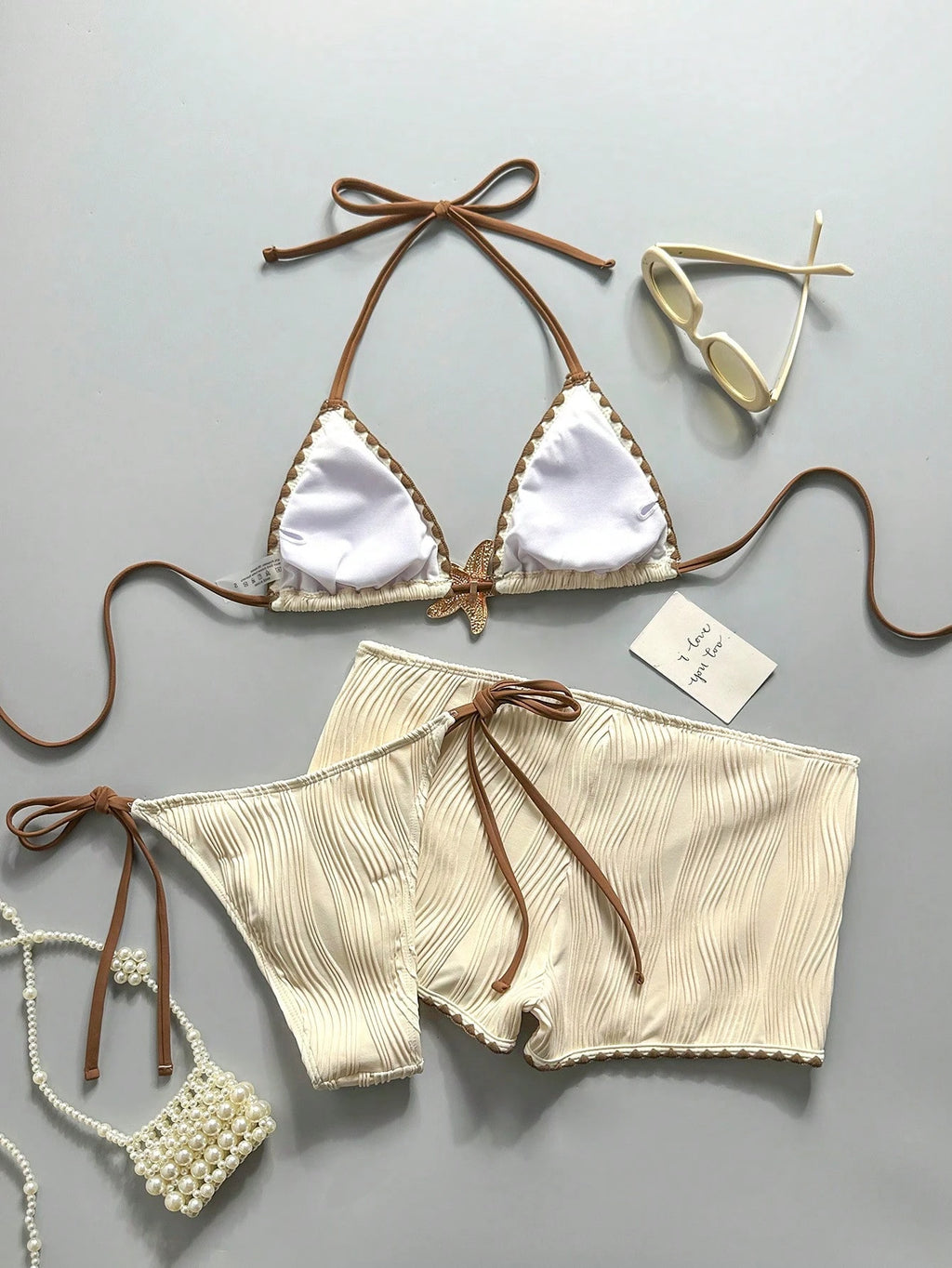 Bonvoyette Women's Chocolate Brown Contrast Striped Textured Bikini