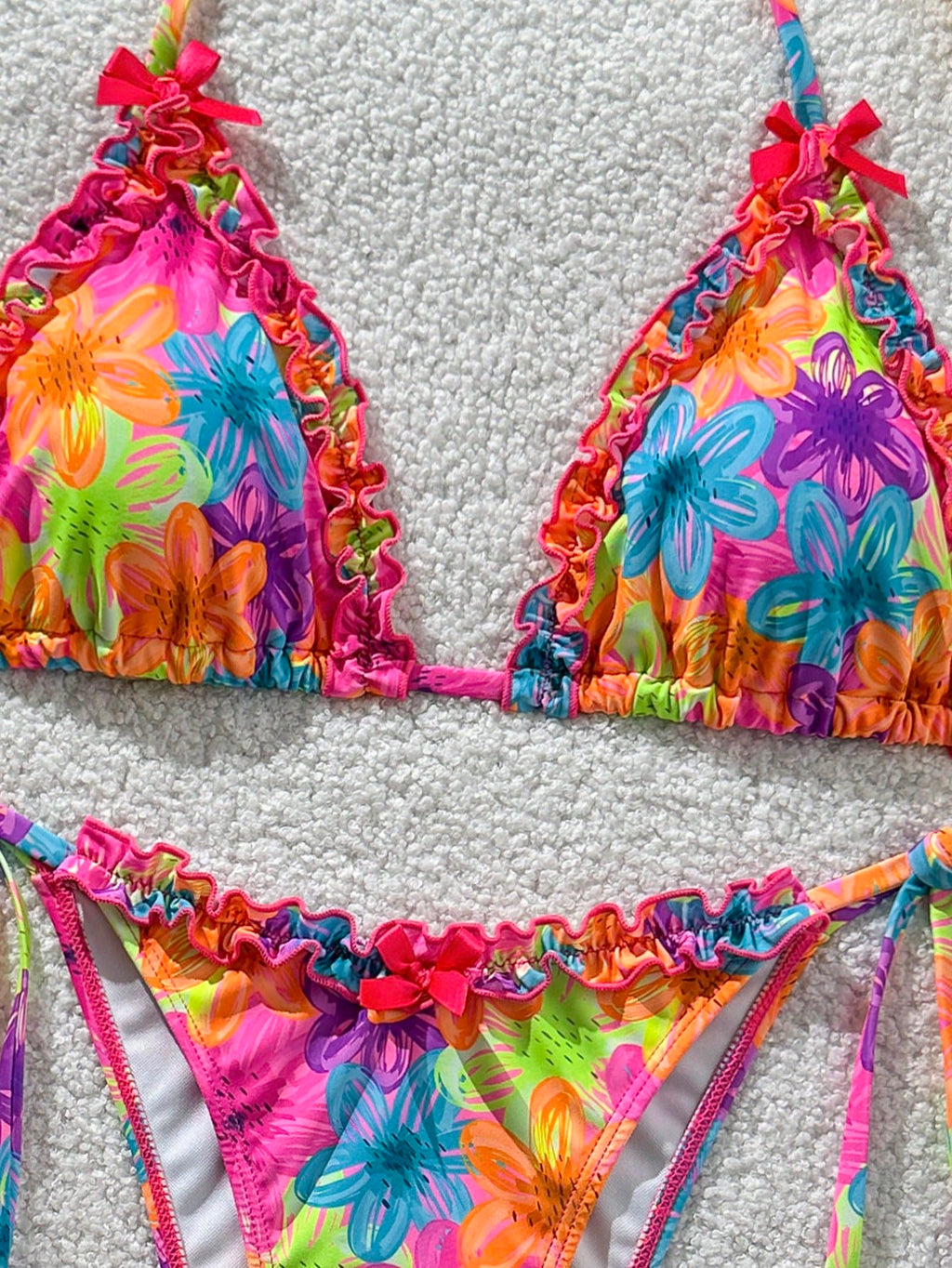 Swim Mod 2pcs Spring/Summer Beach Vacation Colorful Floral Random Print Bow Accessory Halter Triangle Cup Bra - image 6