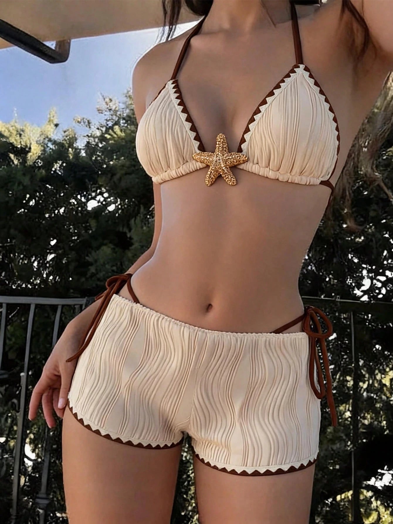 Bonvoyette Women's Chocolate Brown Contrast Striped Textured Bikini 3-Piece Set,Halter Neck Top,Beaded - image 19