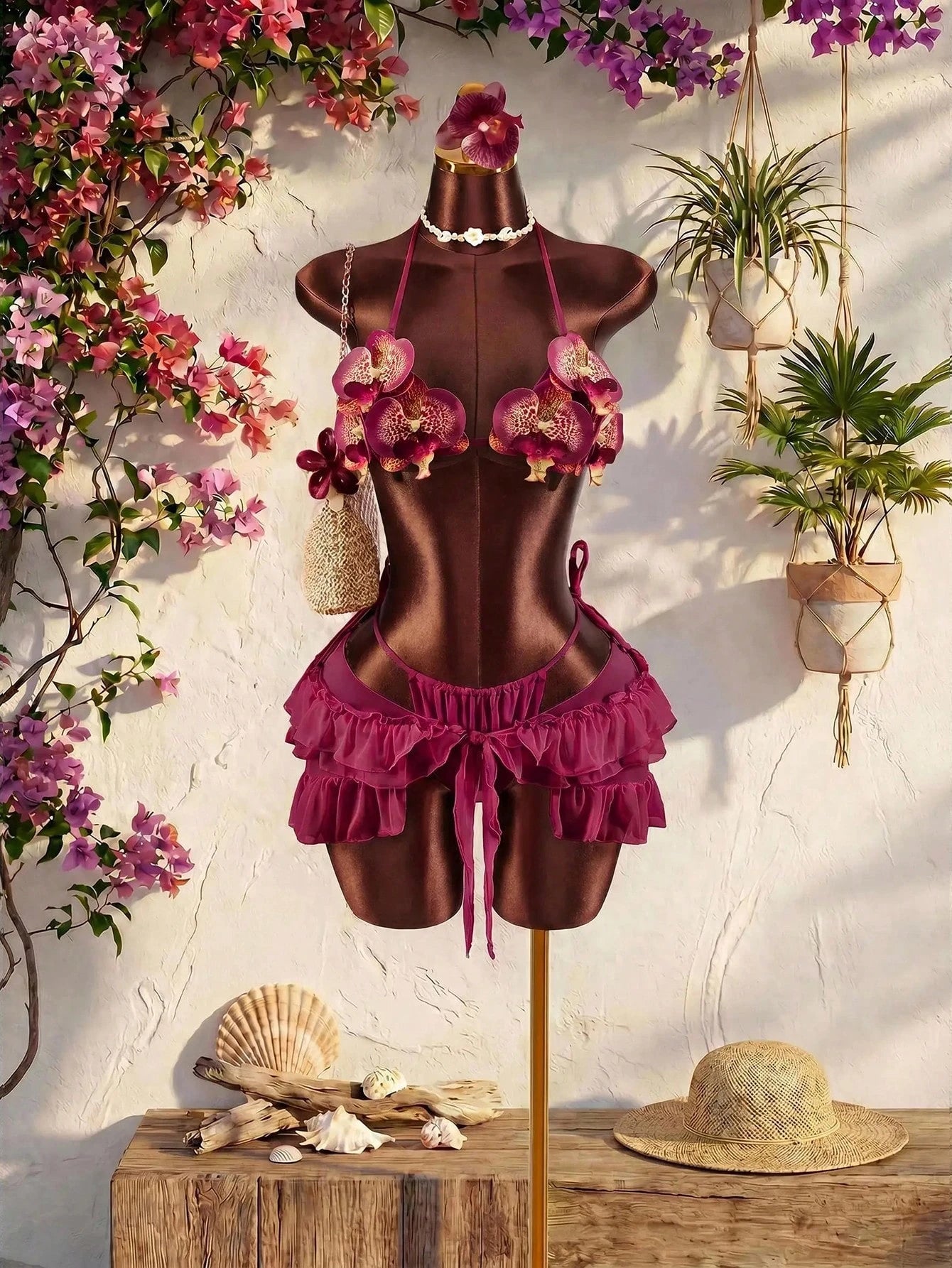 Amplova Women's 3-Piece Swimwear Set With 3D Floral Butterfly Orchid