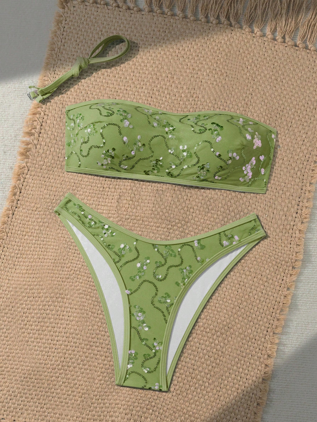 Costavie 2-Piece Floral Sequin Textured Bandeau Bikini Set, Sexy