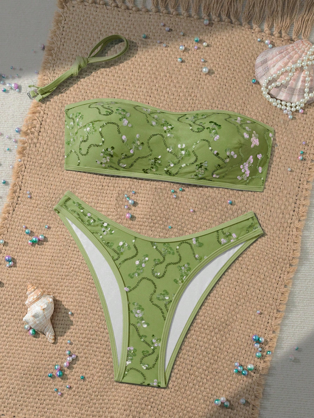 Costavie 2-Piece Floral Sequin Textured Bandeau Bikini Set, Sexy