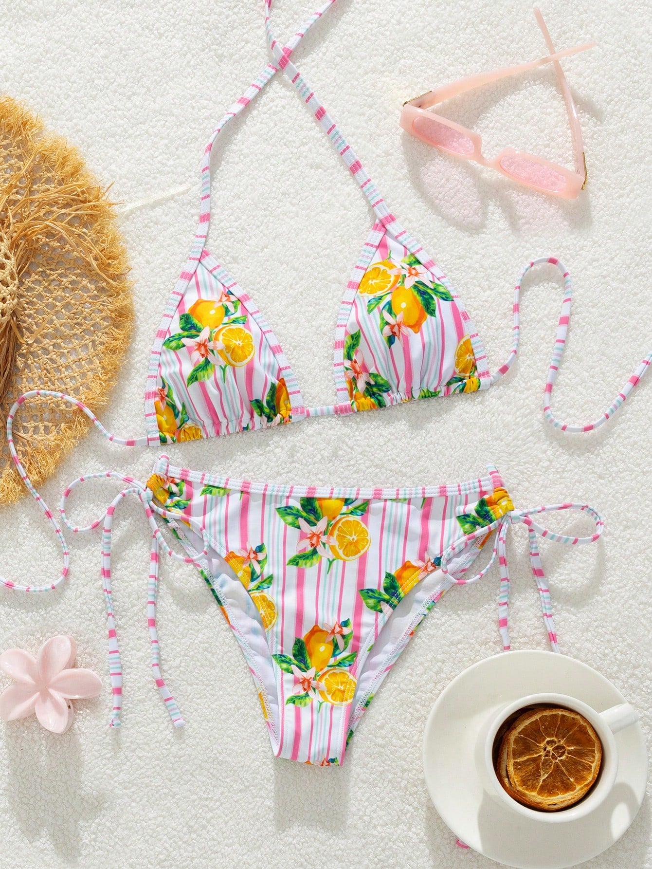 Women's Bikini Swimwear, Retro Striped Cute Hibiscus Print Swimwear