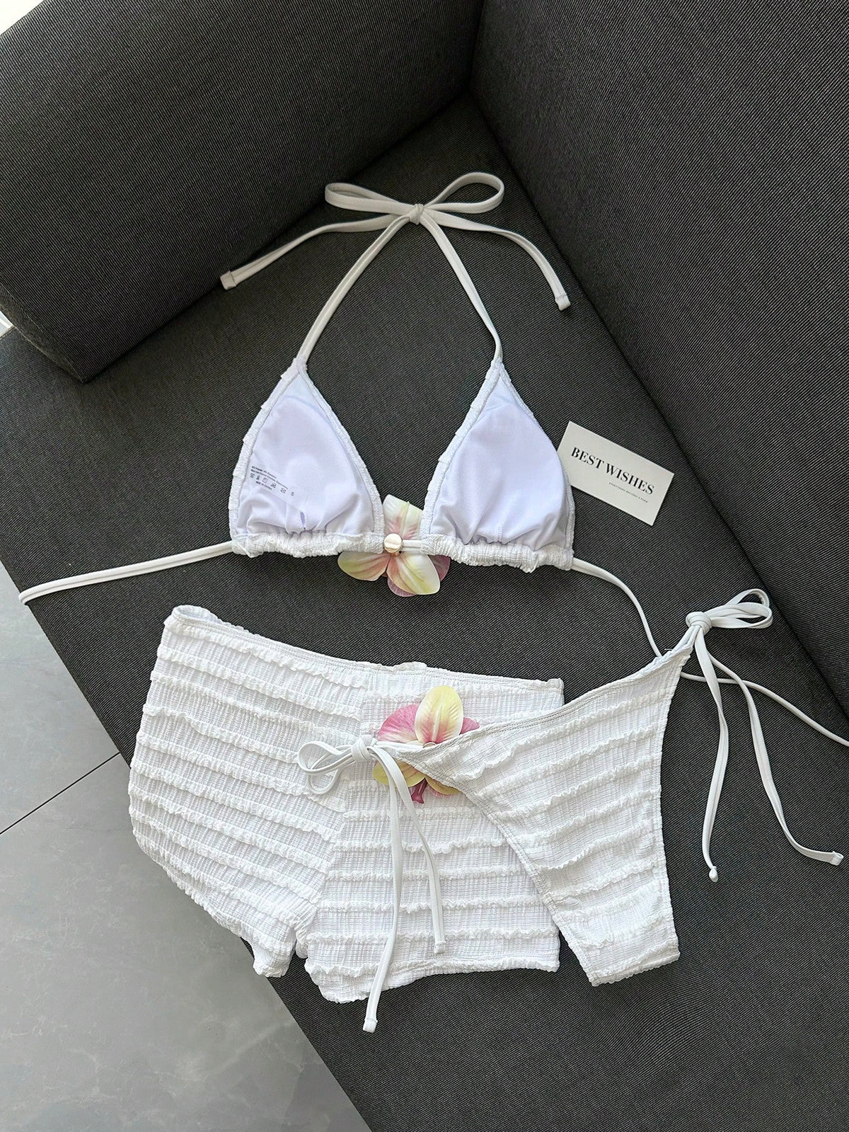 Bonvoyette Women's Chocolate Brown Contrast Striped Textured Bikini 3-Piece Set,Halter Neck Top,Beaded - image 6