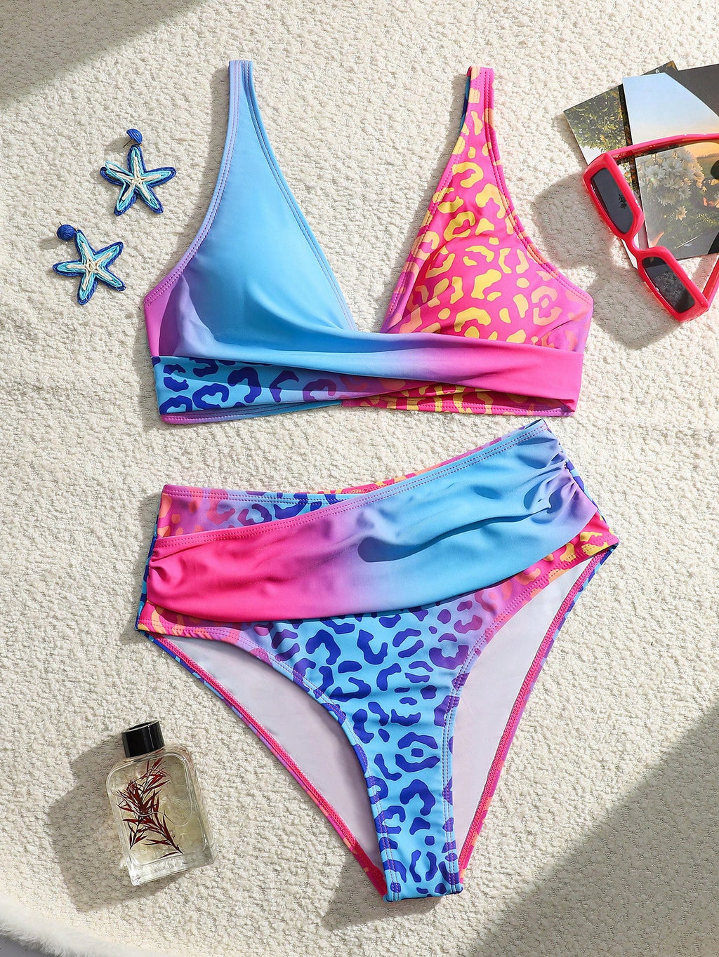 Women's Gradient Leopard Print Halter Bikini Set, High Waist Backless