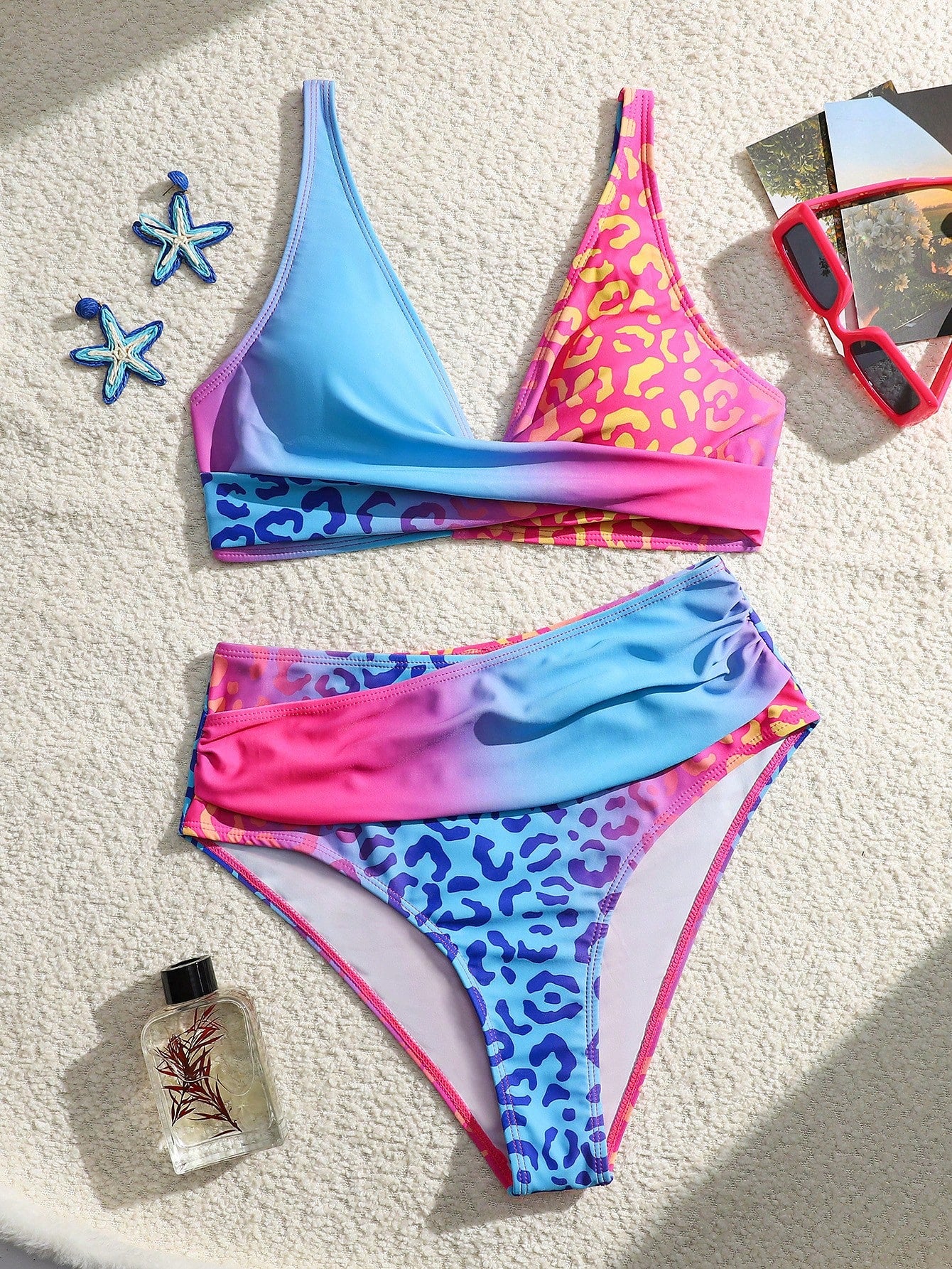 Women's Gradient Leopard Print Halter Bikini Set, High Waist Backless