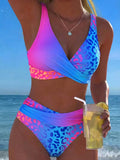 Women's Gradient Leopard Print Halter Bikini Set, High Waist Backless