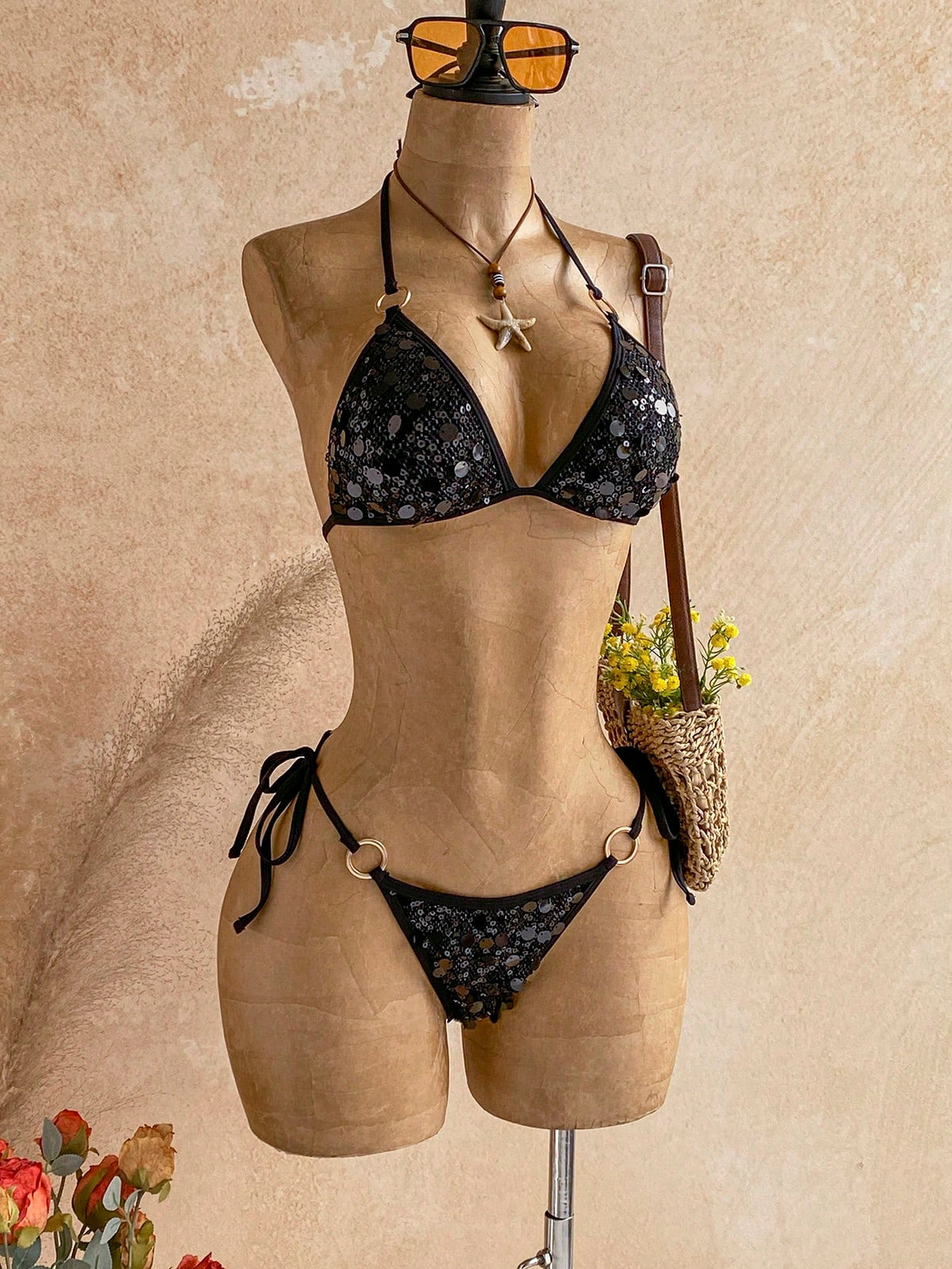 Soleia Beach Outfit For Women Summer Outfits Vacation Sequin Blue Bikini Women's Contrast Color Halter Tie - image 11