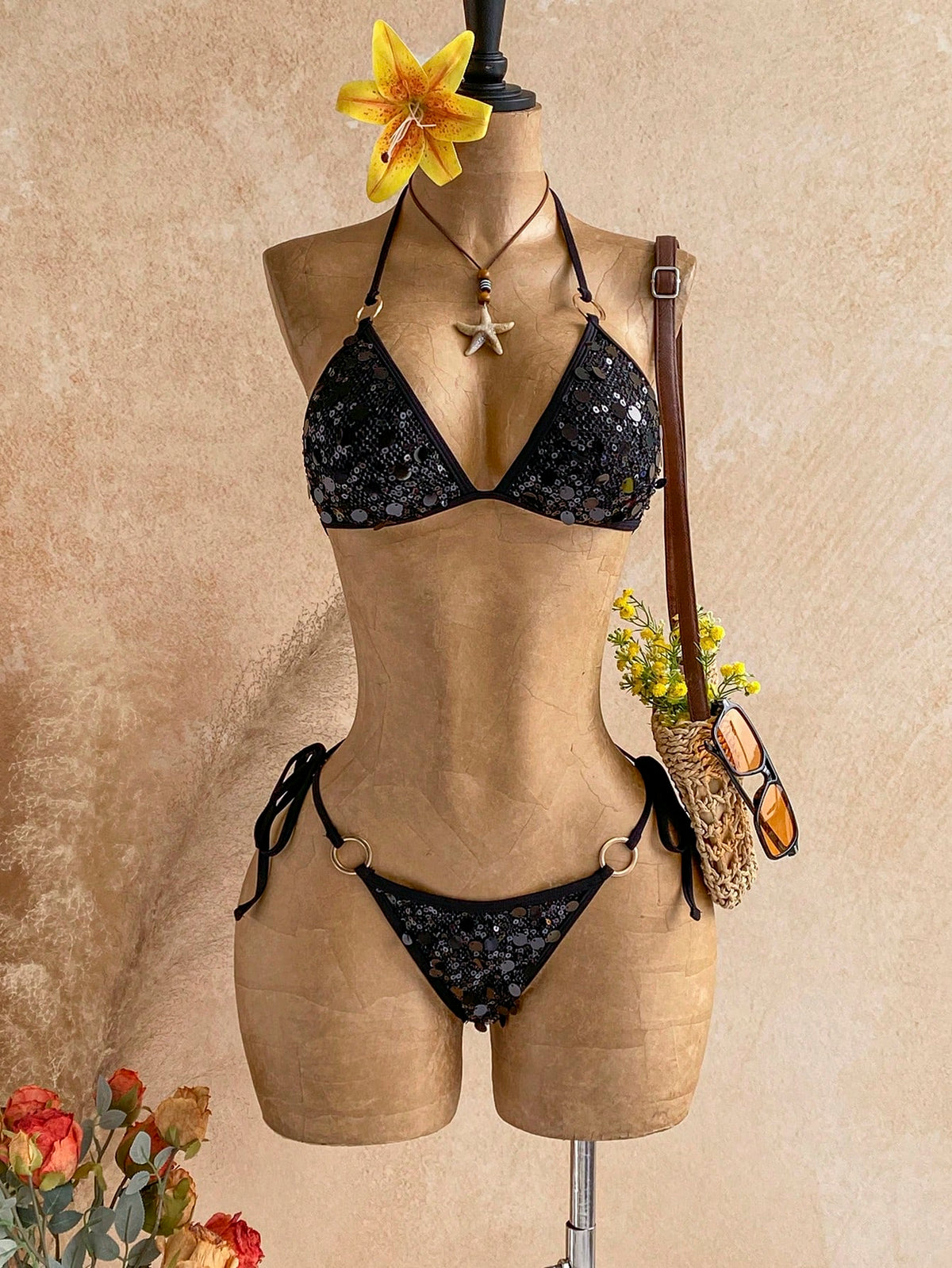 Soleia Beach Outfit For Women Summer Outfits Vacation Sequin Blue Bikini Women's Contrast Color Halter Tie - image 17