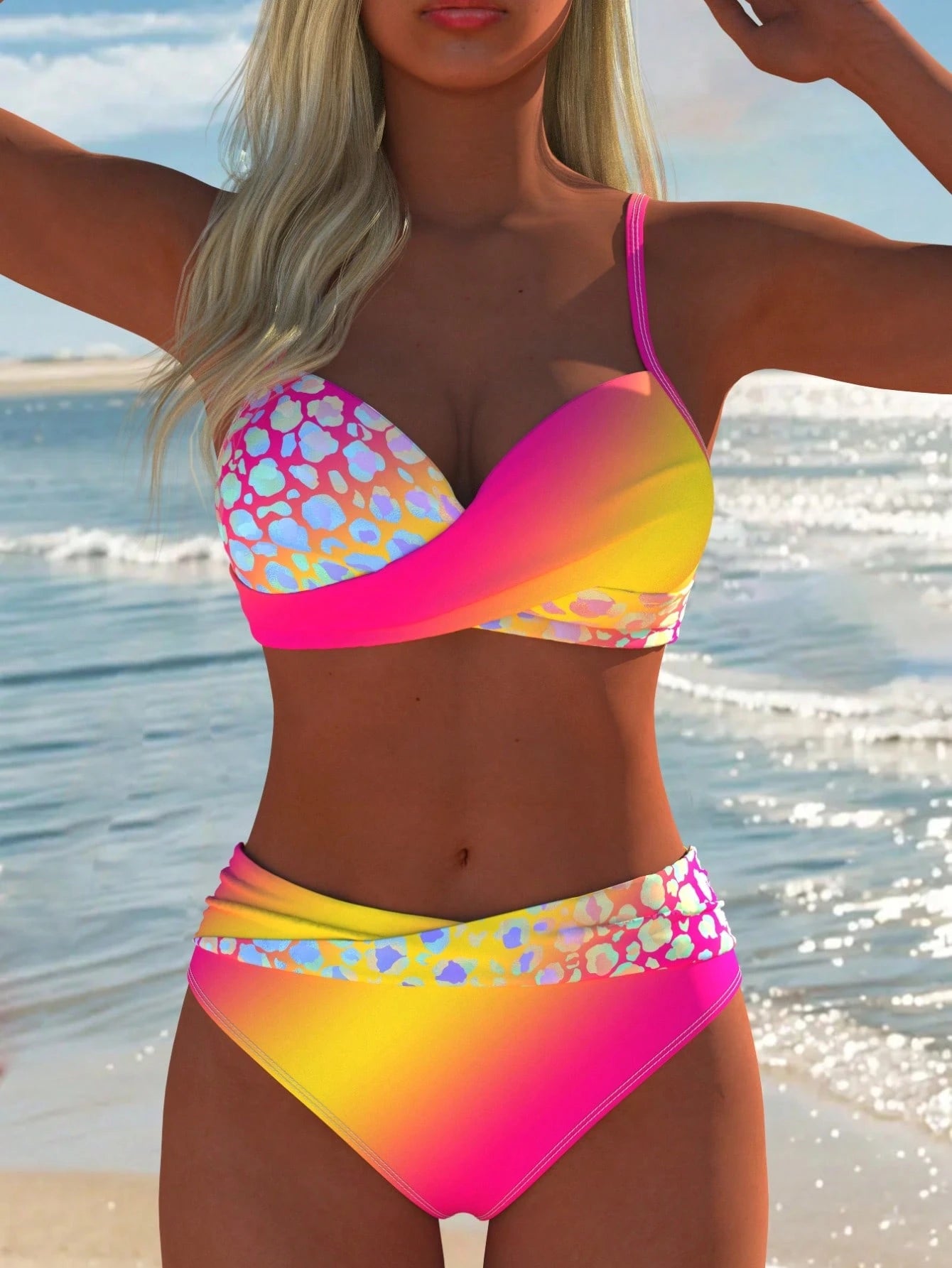 Women's Sexy Gradient Leopard Print Bikini Set, Spaghetti Strap Top,