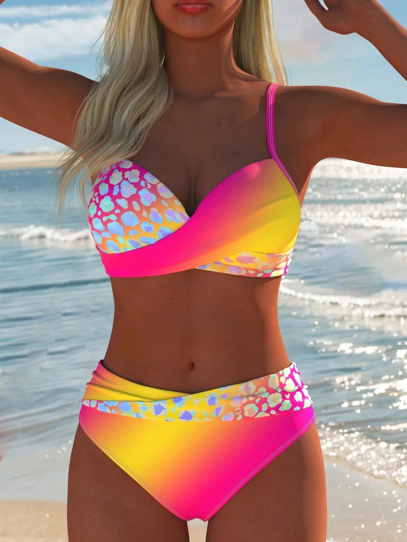 Women's Sexy Gradient Leopard Print Bikini Set, Spaghetti Strap Top,