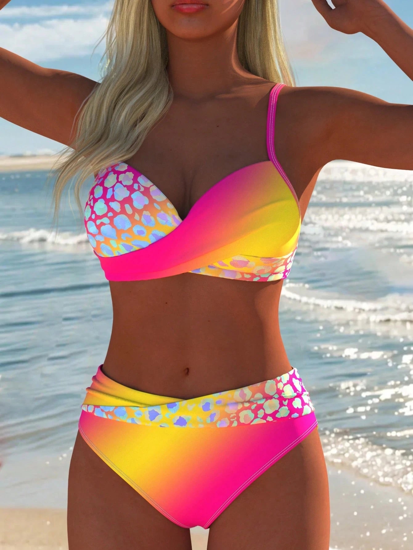 Women's Sexy Gradient Leopard Print Bikini Set, Spaghetti Strap Top,