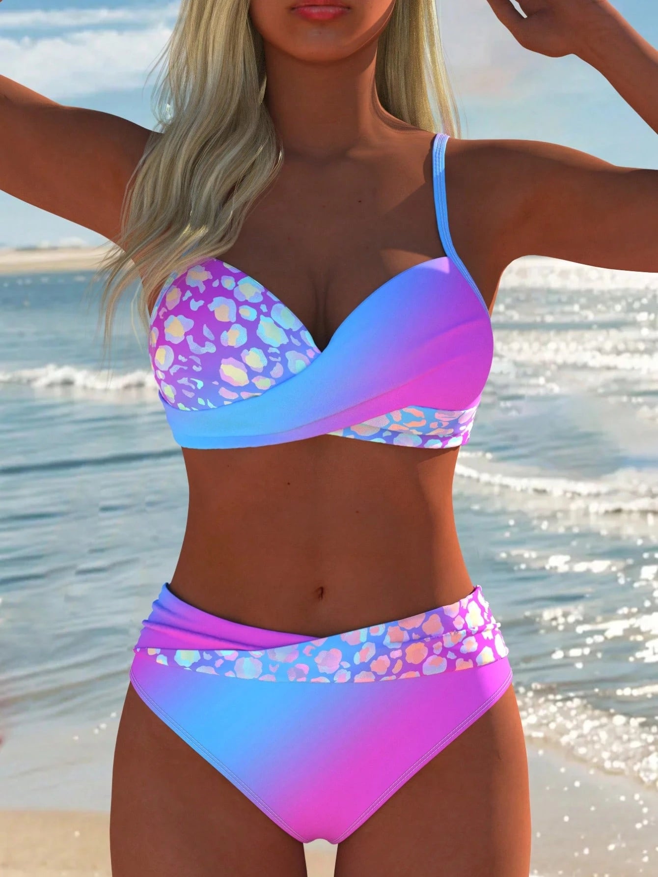 Women's Sexy Gradient Leopard Print Bikini Set, Spaghetti Strap Top,