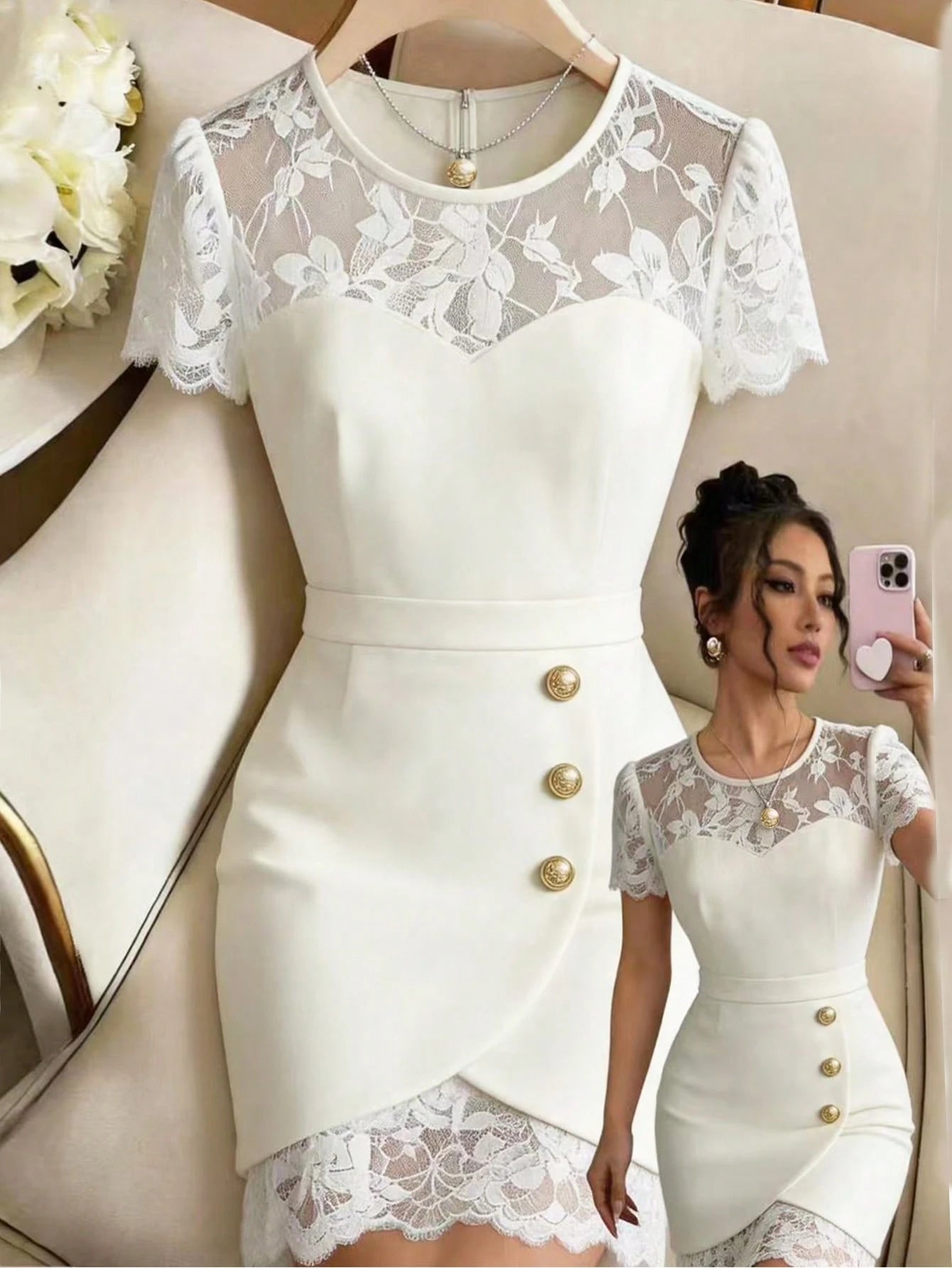 GlowEve Spring/Summer New Elegant Fitted Contrast Lace Sheer Heart Neck Low-Cut Waist Bodycon Mini Dress For - image 6