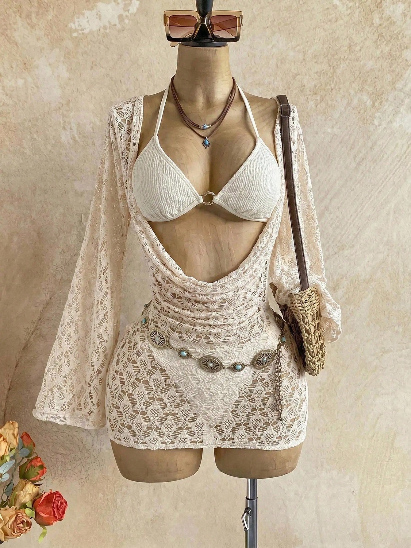Soleia Women's 3-Piece Sexy Bikini Swimsuit With Apricot Mesh Cover-Up Skirt, Fa