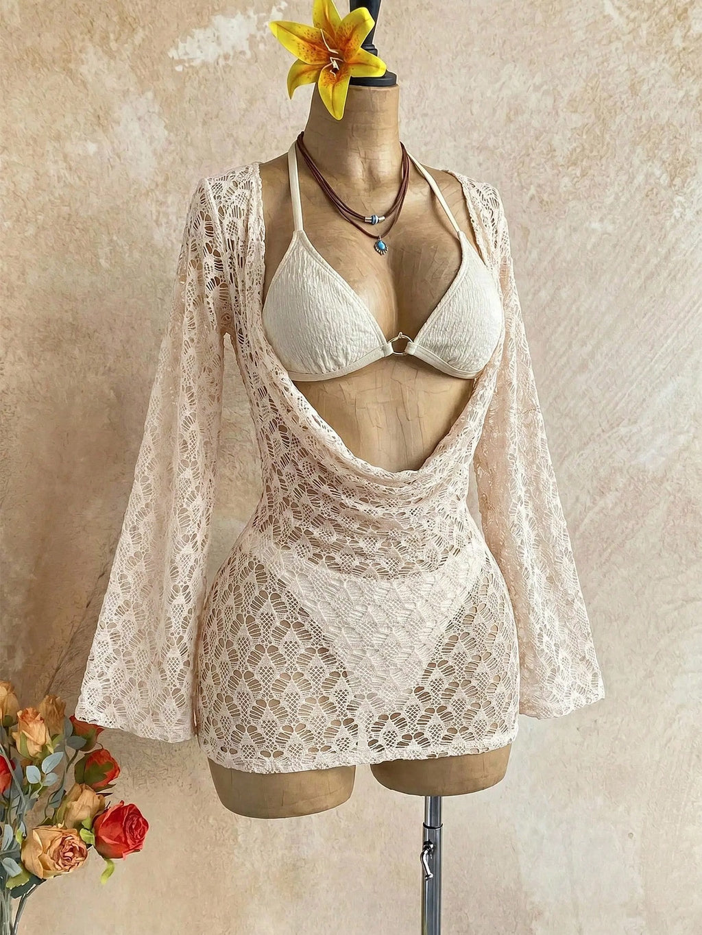 Soleia Women's 3-Piece Sexy Bikini Swimsuit With Apricot Mesh Cover-Up Skirt, Fa