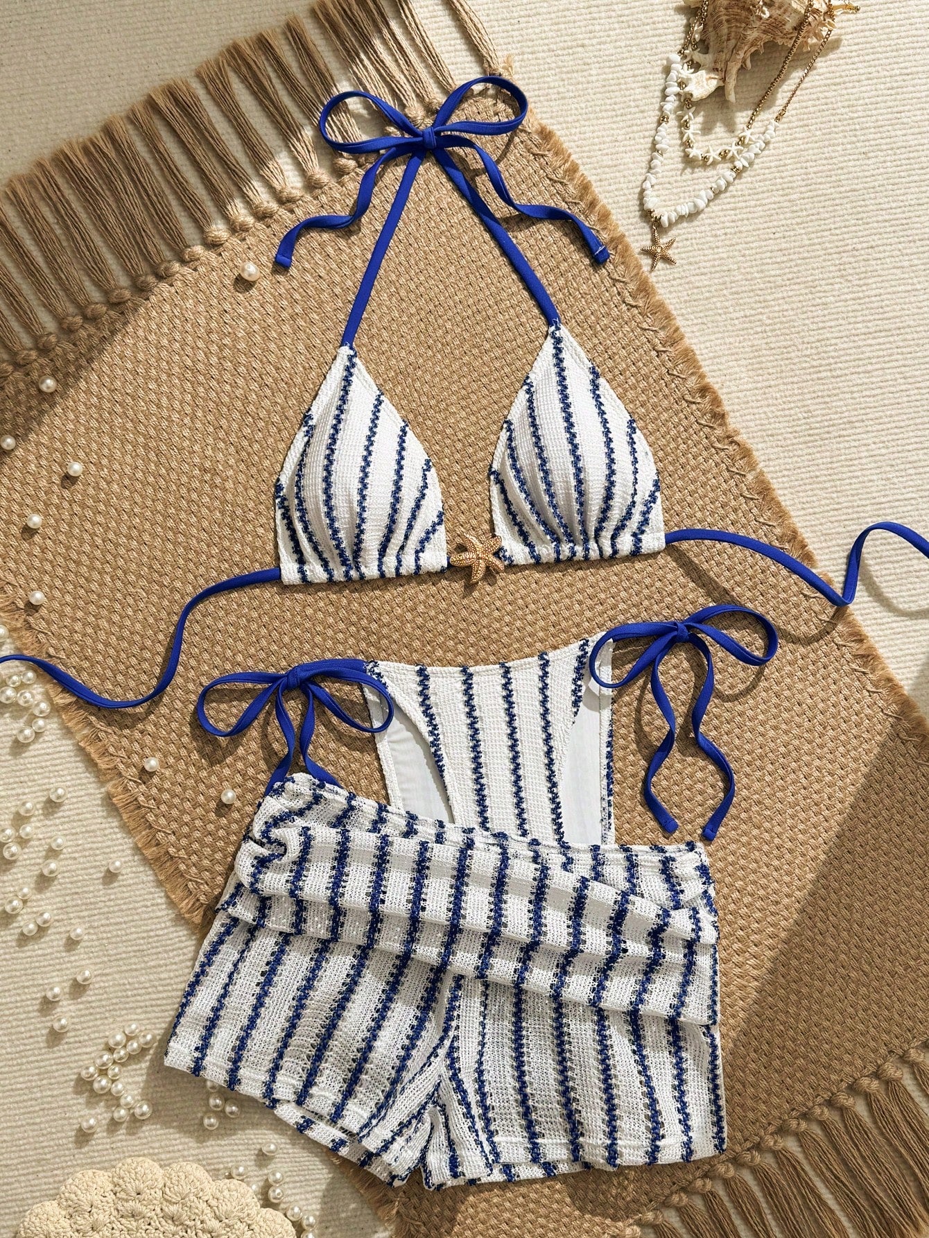 Costavie Blue And White Striped Summer Casual Beach Holiday Vacation 3-Piece Women Swimwear Set,Textured Knit - image 19