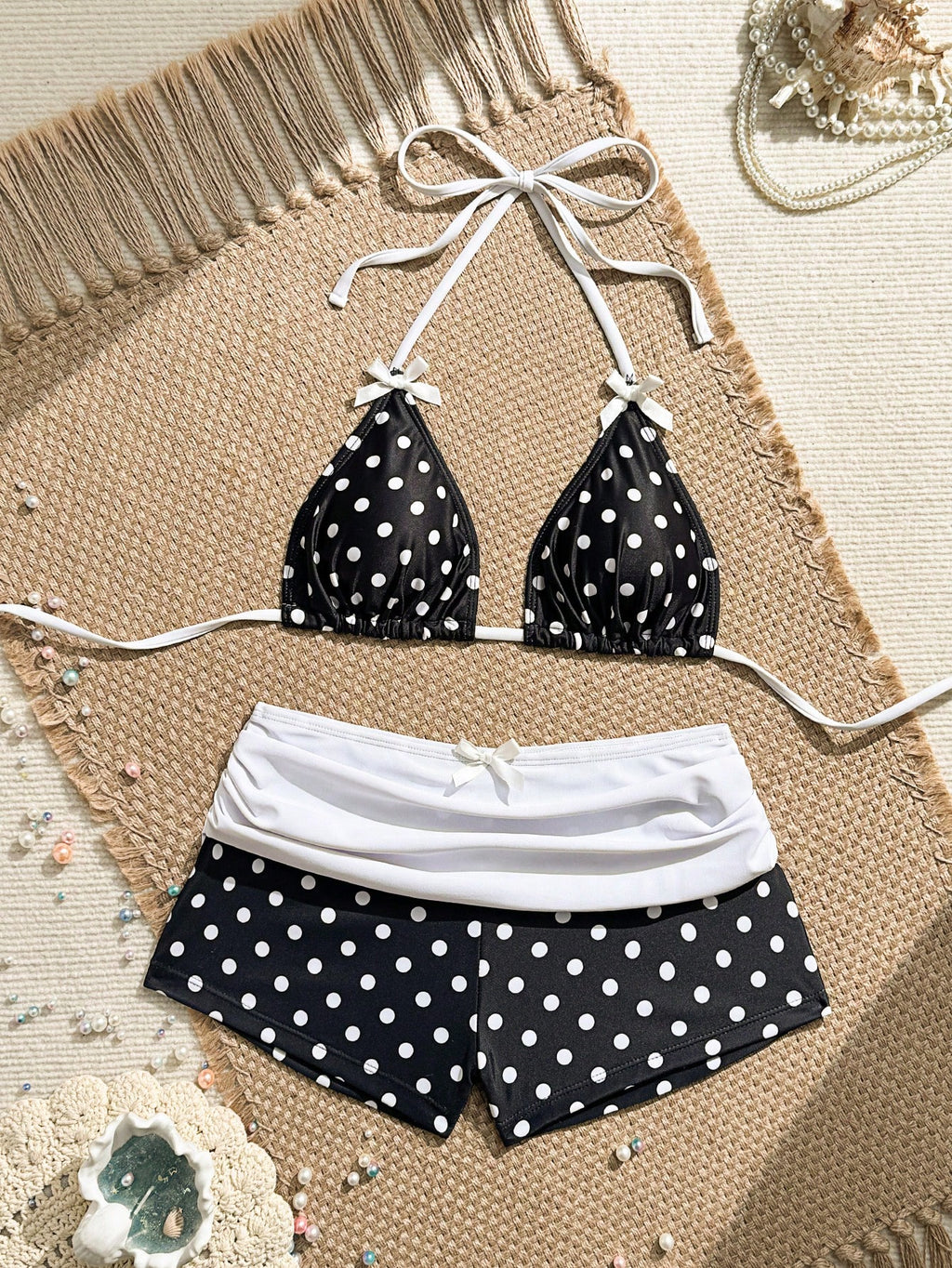 Swim Mod Women's Brown Polka Dot Print Pink Bow Halter Triangle Top