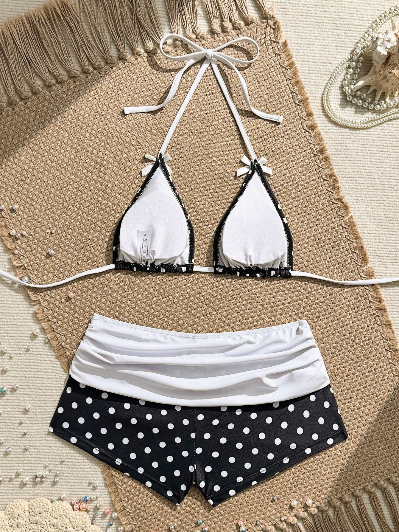 Swim Mod Women's Brown Polka Dot Print Pink Bow Halter Triangle Top